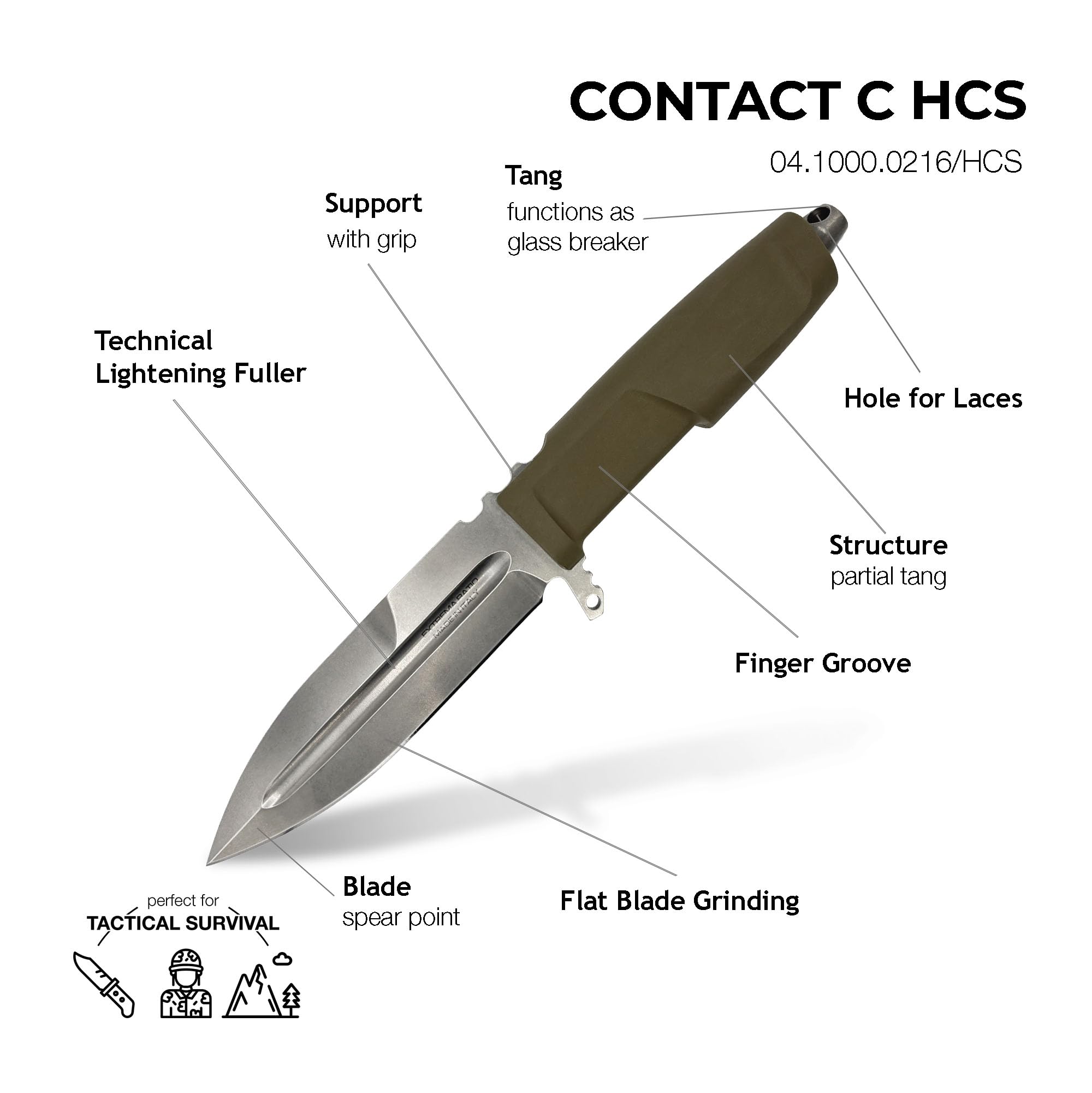 Extrema Ratio - Contact C (H.C.S) Fixed Blade Knife, Böhler N690 Steel Blade, Stone-Washed Finish, Full-Tang Design, Ergonomic Forprene Handle, High-Performance Cutting Tool, Handcrafted in Italy