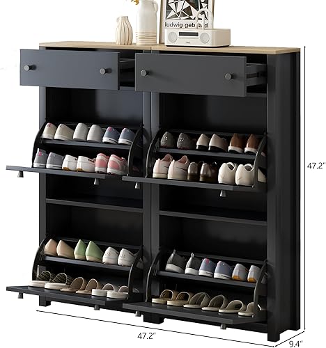 Vista 23 de Armario de zapatos independiente con 4 cajones abatibles, moderno organizador de almacenamiento de zapatos de 2 niveles con cajones, zapatero 4