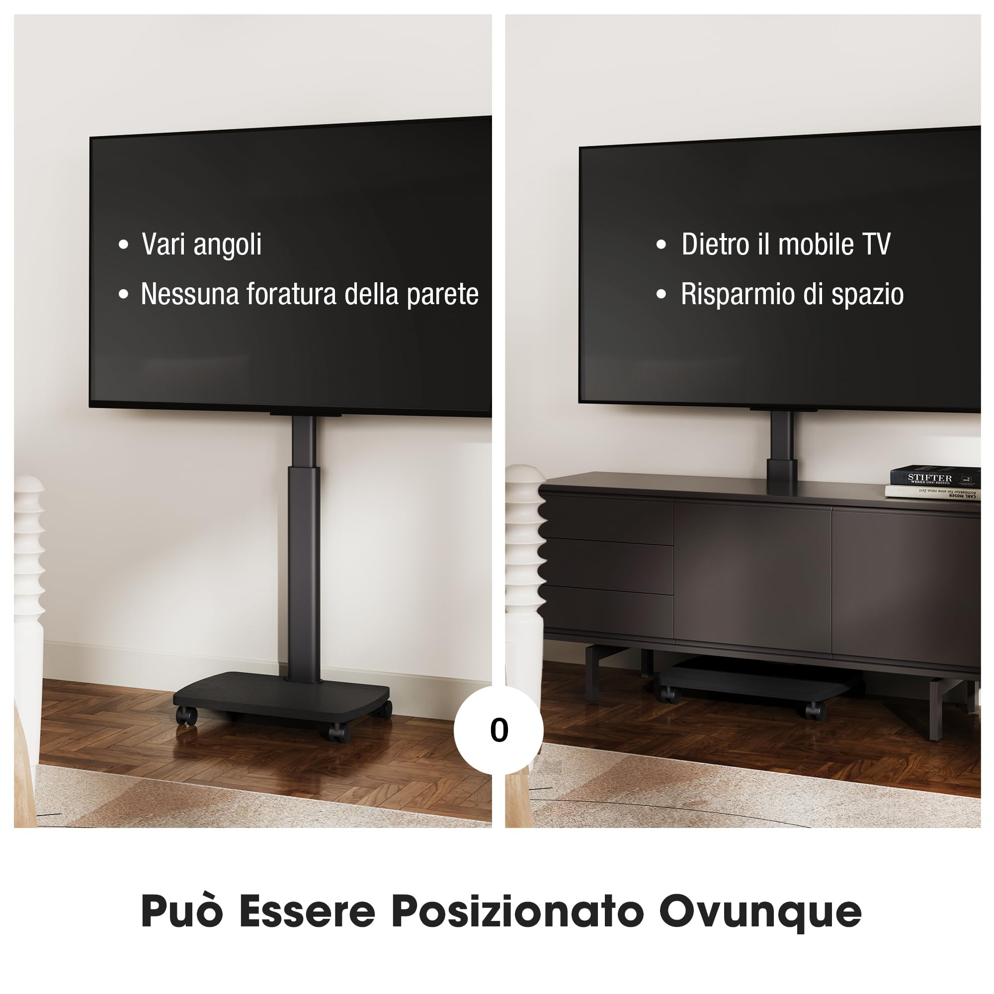 AOKCOS Supporto TV da Pavimento Orizzontale e Verticale per 19-42 Pollici, Carrello Porta TV con Ruote Base in Legno, Inclinazione & Girevole, fino a 20 kg max. VESA 200×200 mm Nero