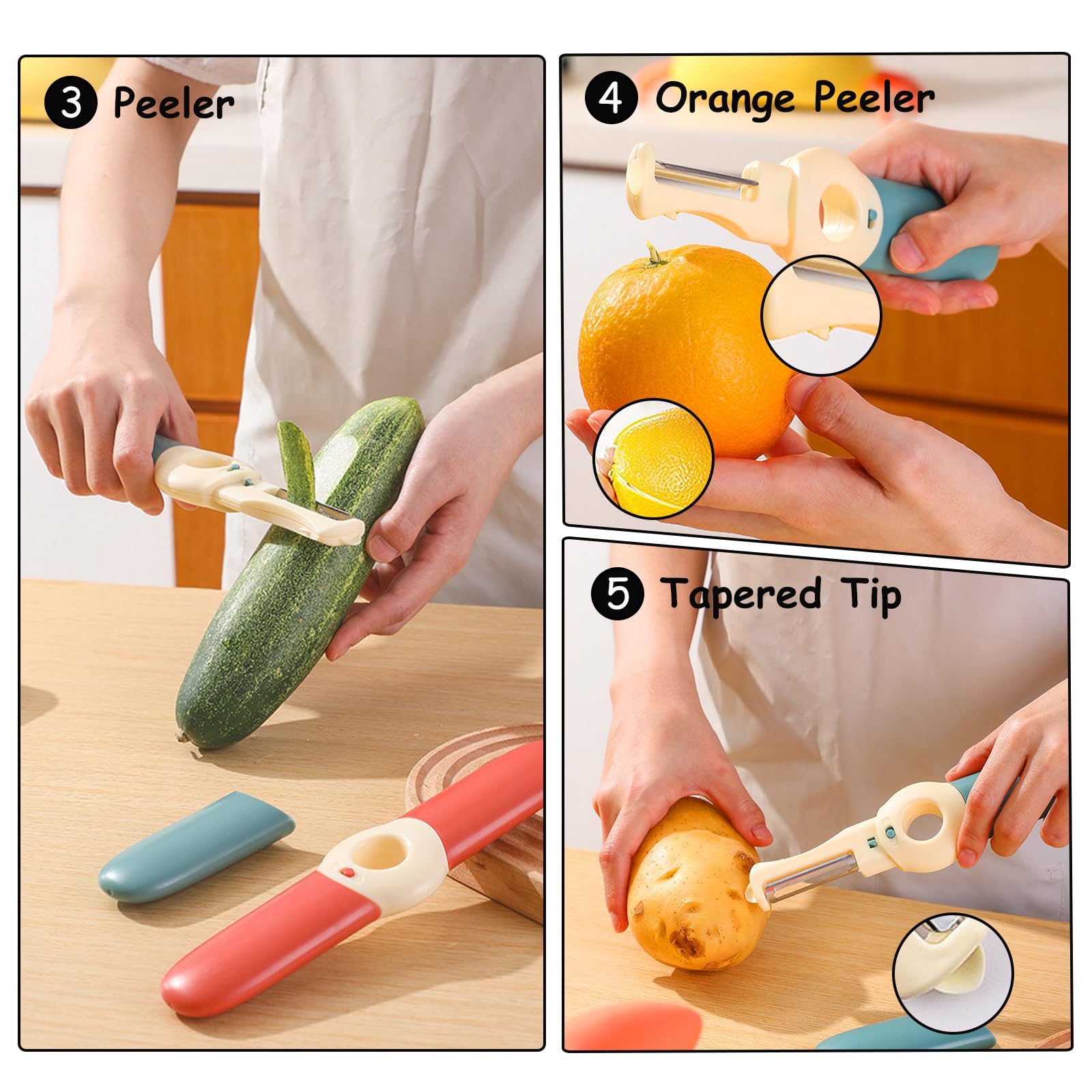 Pelapatate Professionale 5 In 1 – 2 Pezzi Con Lama In Acciaio Inox, Apribottiglie, Scavatore Fori E Coperchio Di Sicurezza, Per Patate, Frutta E Verdura, Ideale Per Picnic E Viaggi