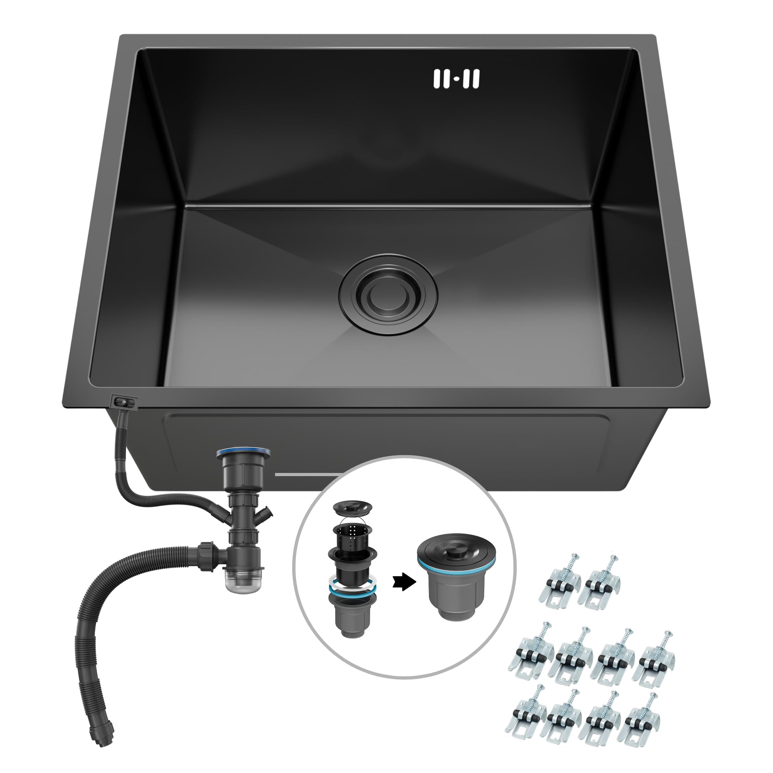 ANW HOME Lavello Cucina 1 Vasca Lavandino Cucina 304 Acciaio Inox, Incasso o Sottotop 47x45 cm, Grafite PVD con Rivestimento Nano, Spessore 3,0+1 mm, Profondità 22 cm, con Sifone