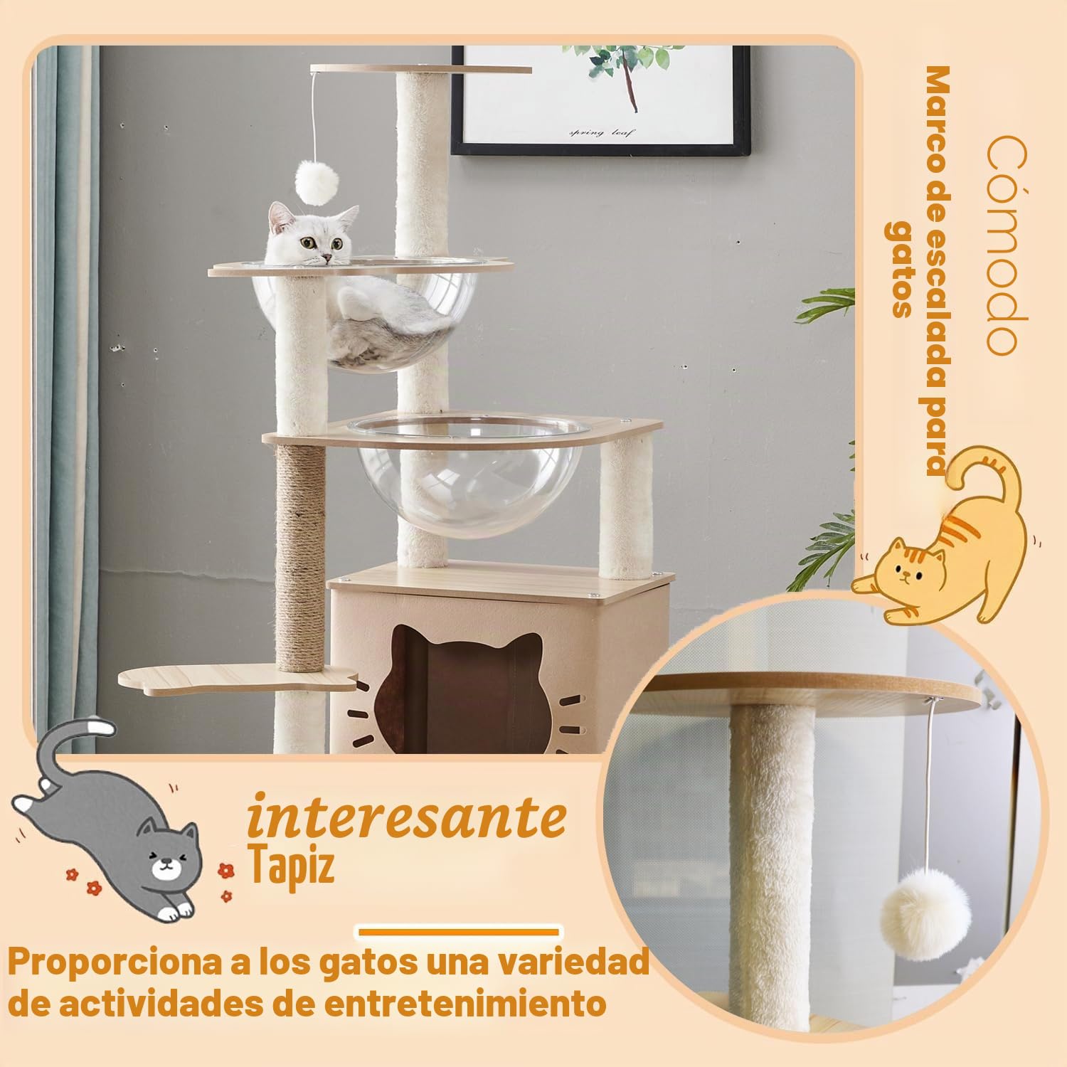 Árbol para gatos de interior de 145 cm, condominio de varios niveles con 2 cuencos, 1 casa, 2 perchas, 1 escalera, 1 pompones, peso de carga de 15 kg, árbol de madera para gatos (beige N3)