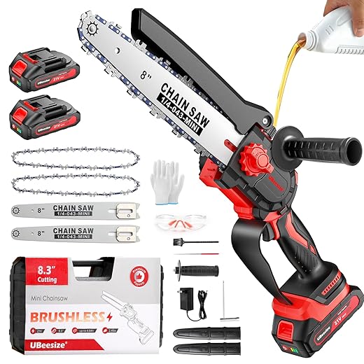 UBeesize Mini Chainsaw Cordless 8inch | Longer Runtime | Brushless Motor | Ergonomic Handle Design | Easy to Install | Professional Battery Chainsaw Perfect for Tree Trimming,Wood Cutting, Garden Work