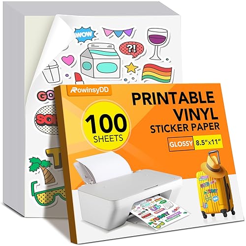 100 PCS Sticker Paper for Inkjet Printer,Printable Vinyl Sticker Paper Dries Quickly Vivid Colors,8.5"x11" Tear Resistant Printable Vinyl,Glossy White,Inkjet & Laser Printer - Glossy - 100 Sheets