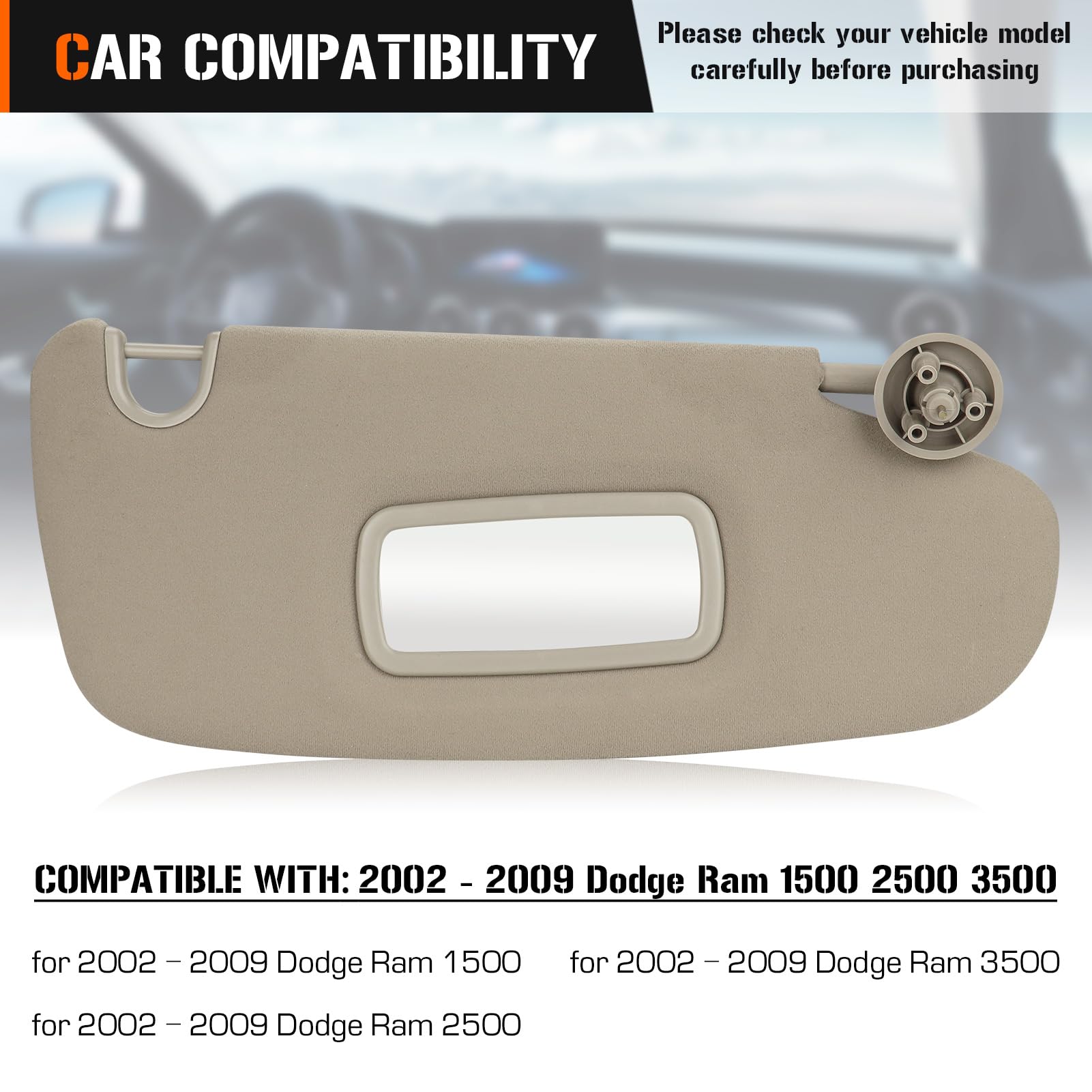 AEagle Simple Sun Visor for 2002-2009 Dodge Ram 1500, 2500, 3500, Right Passenger Side, Beige, Without Light