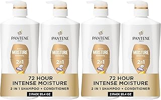 Pantene 2-in-1 Shampoo & Conditioner, Daily Moisture Renewal - Pro-V Nutrients for Dry, Straight to Curly Hair,72-Hour Hydration & Softness, 27.7 Oz Each, + Rescue Shot (0.5 Oz),2 Count (Pack of 2)