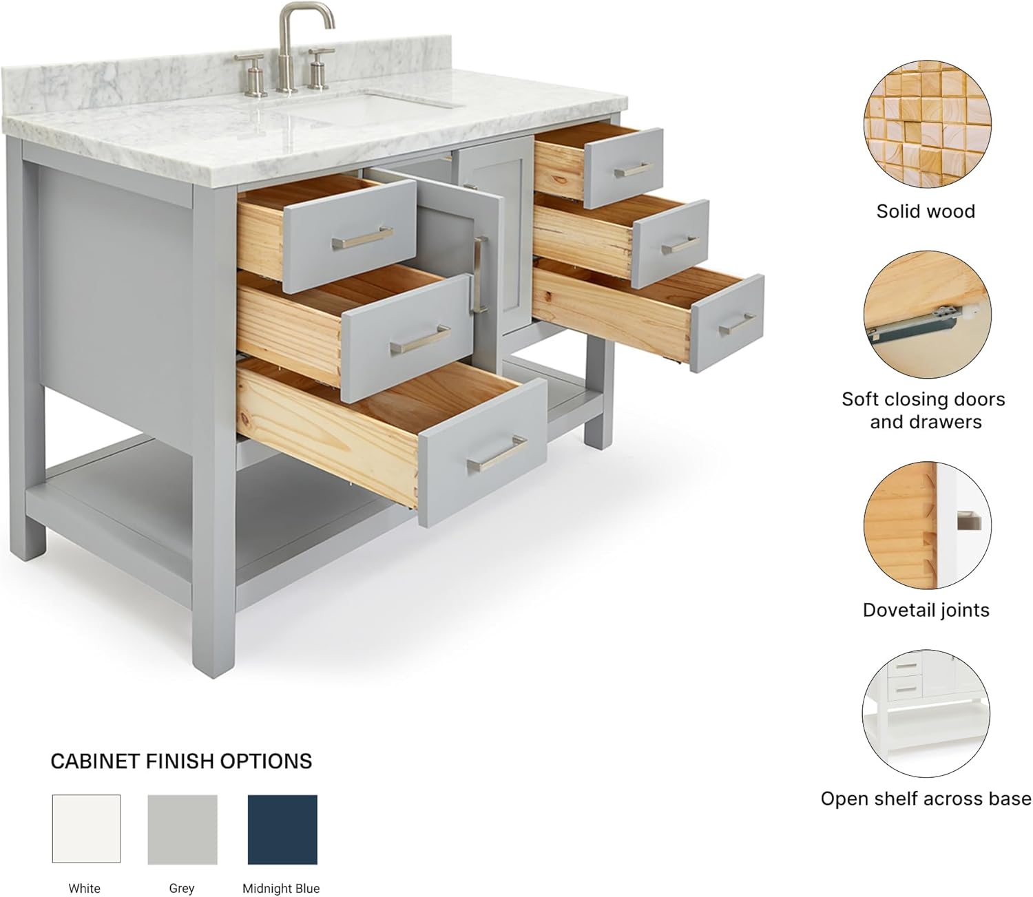 ARIEL Magnolia 54-inch Bathroom Vanity with Sink,Solid Wood, 1.5-inch Italian Carrara Marble Countertop, Single Rectangular Porcelain Sink, 2 Soft Closing Doors, 6 Dovetail Drawers, Grey