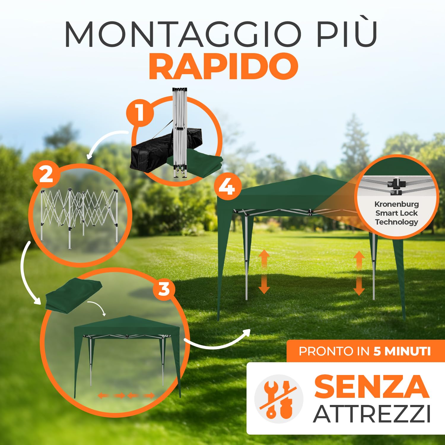 Kronenburg Gazebo Pieghevole 100% Impermeabile, Tenda da Giardino, 3 x 3 m o 3 x 6 m – con Protezione UV 50+, Colore e Lati a Scelta