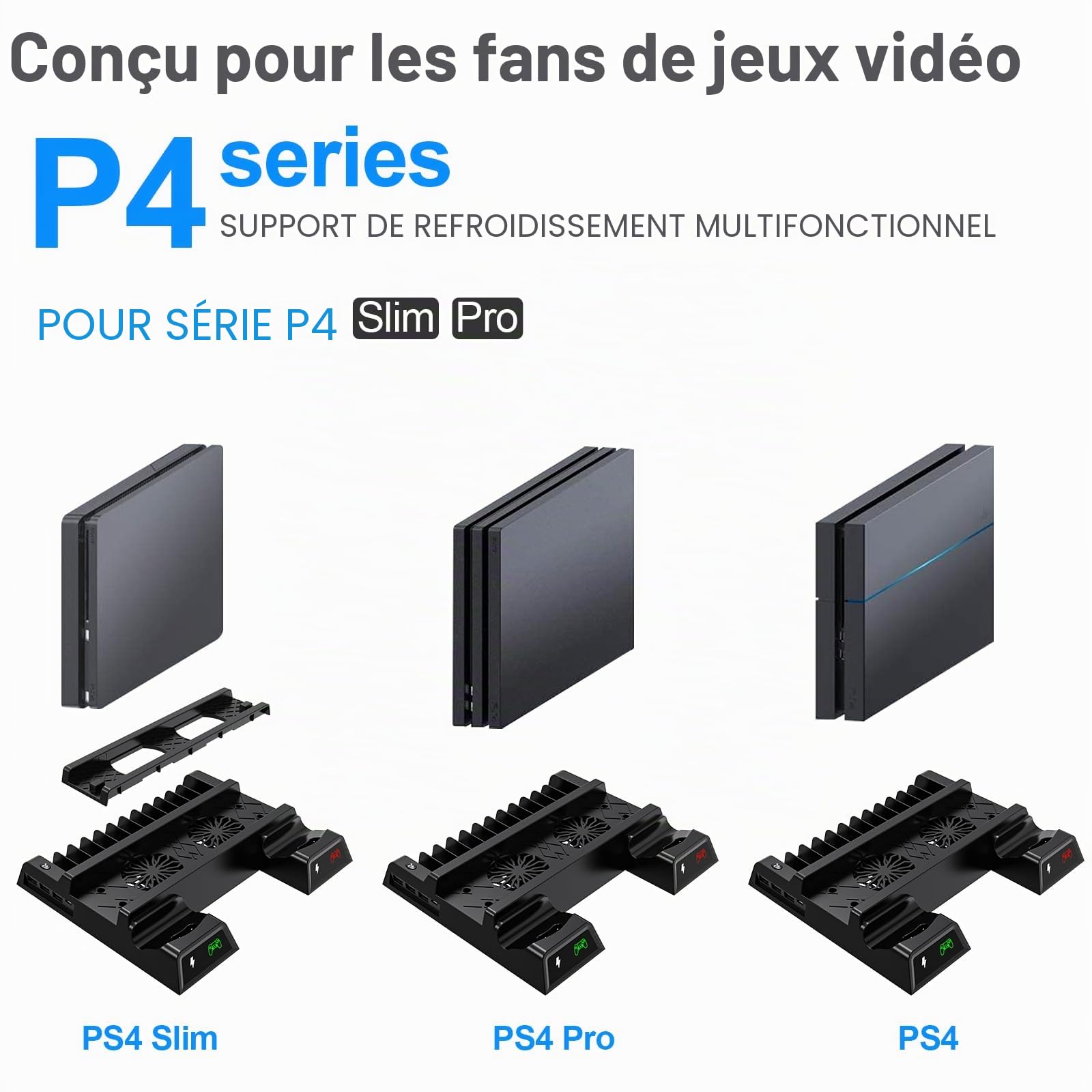 ASUNCELL Support Vertical PS4 avec Ventilateur et Station de Charge pour Playstation 4/Pro/Slim - Refroidisseur et Contrôleur avec 12 Jeux de Rangement