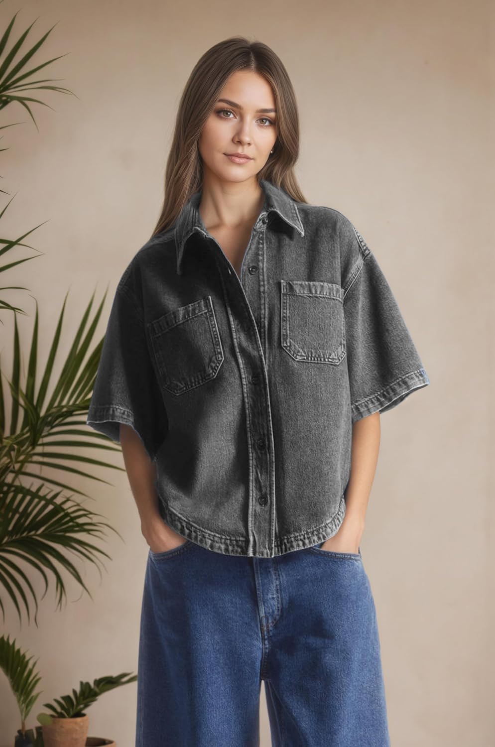 Kedera Women's Denim Shirt Casual Button Down Short Sleeve Jean Shirts Casual Top Outfits Trendy