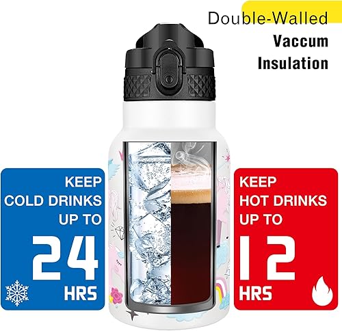 Miniatura 6 de Han's Bottle Botella de agua para niños con tapa con pajilla, vaso reutilizable de acero inoxidable aislado para niños pequeños, niñas, niños, taza