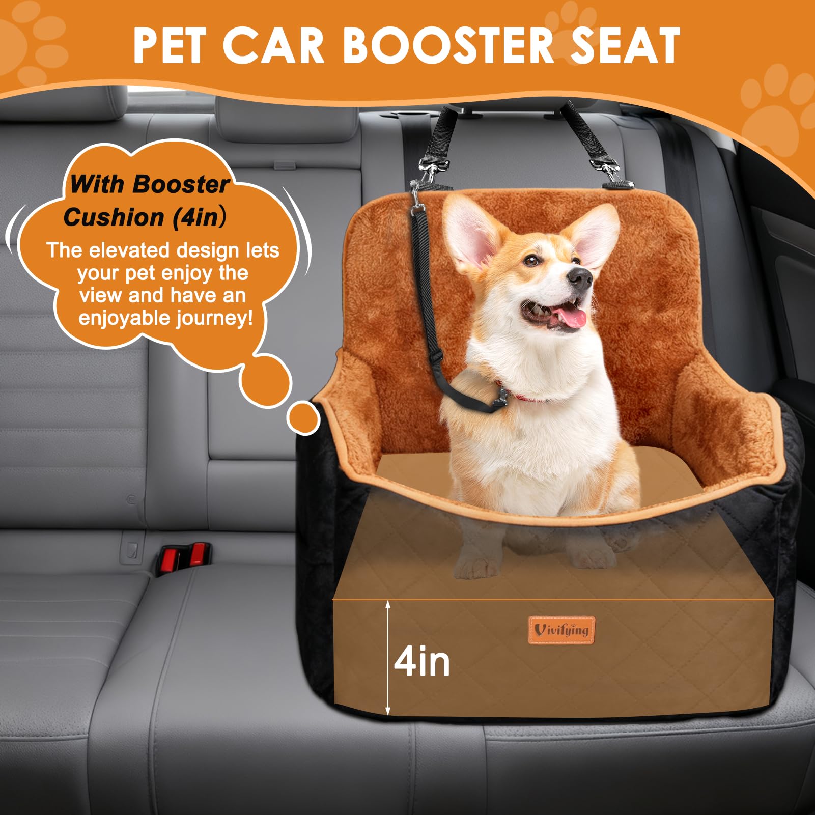 Vivifying Dog Car Seat for Small and Medium Dogs, 4" Booster Pet Car Seat with Safety Strap, Plush Travel Dog Bed for Car with Storage Pocket, Detachable Washable Cover, Fits Dogs up to 35lbs (Black) - image 2