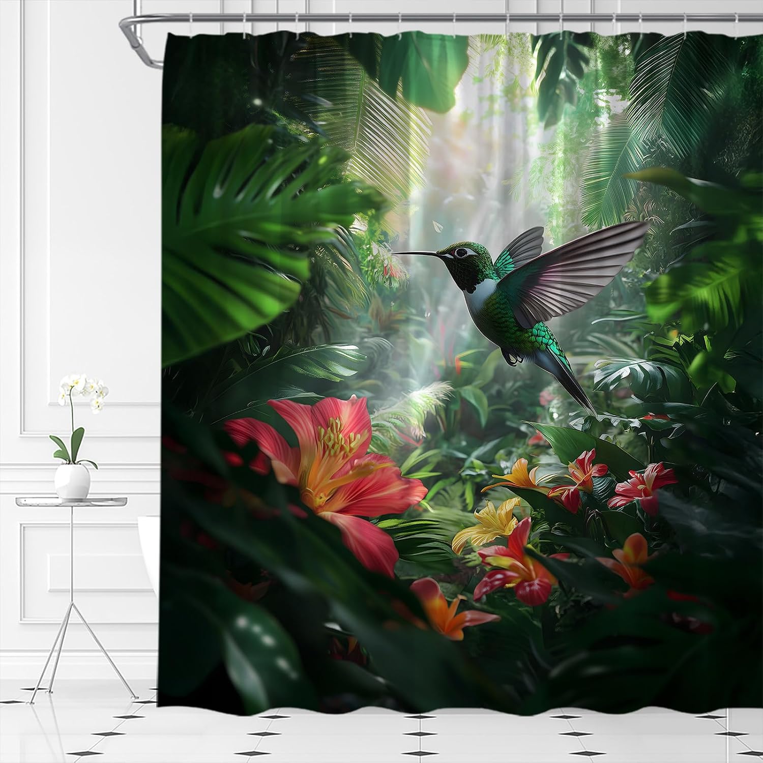 Hummingbird Shower Curtain Tropical Jungle Rainforest Green Plant Forest Flower Botanical Nature Scenery Spring Summer Bathroom Curtain Fabric with Hooks(70" Wx84 H)