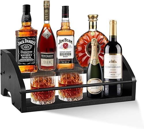 Miniatura 9 de Estante de exhibición para botellas de licor, organizador de jarabe de café, estante de vino de encimera de 2 escalones, estante de bar retro para