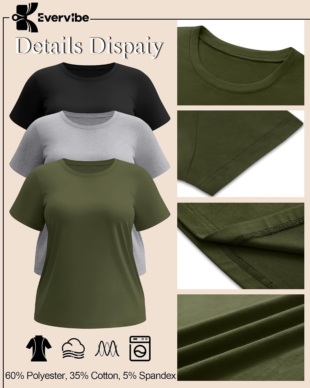 Evervibe 3 Pack Plus Size Women's T-Shirts Crew Neck Short Sleeve Tops Loose Fit Casual Summer Basic Plain Tees