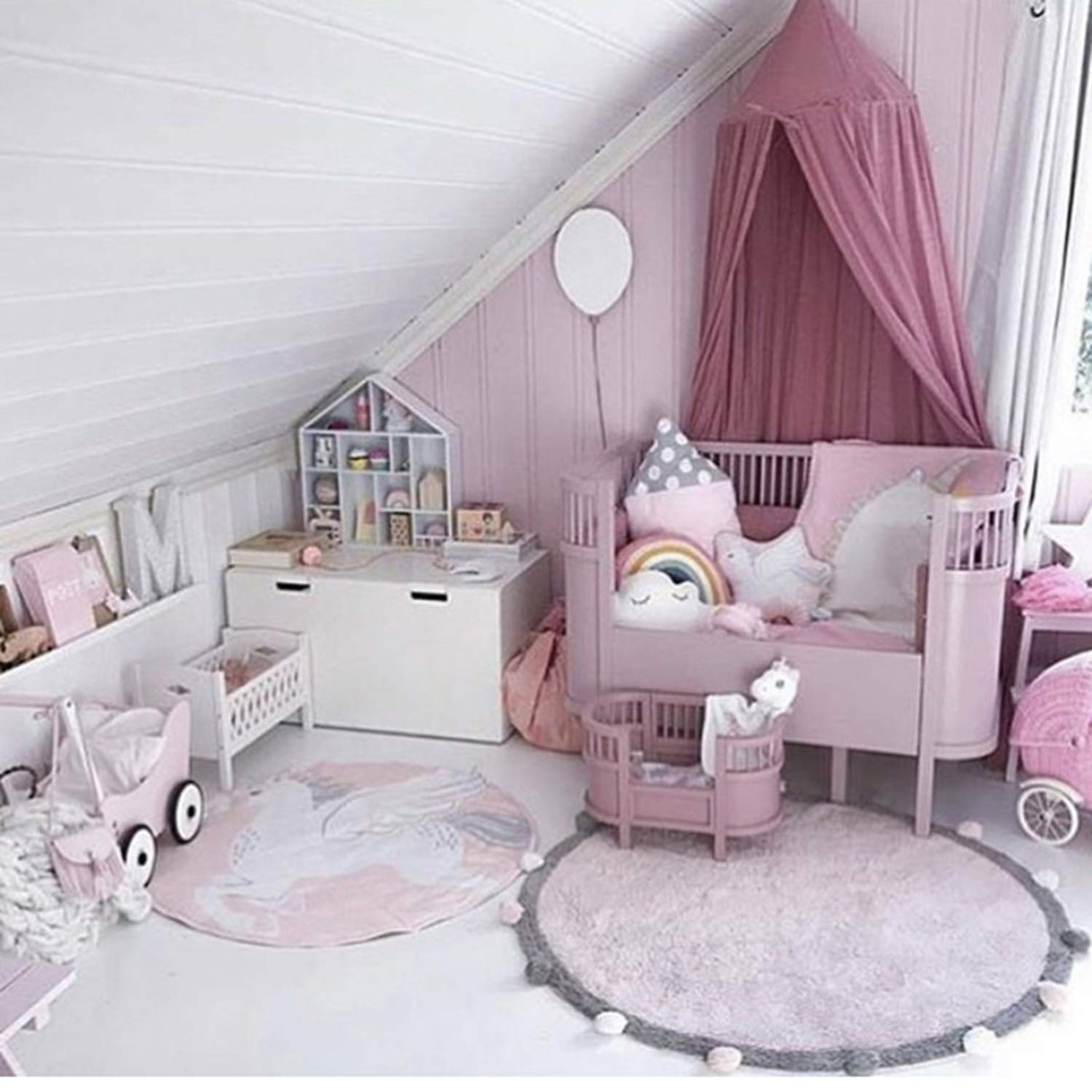 Alfombra De Algodón Suave Y Esponjosa, Tapete Redondo para Niños con Decoración De Bolas, Tapete Antideslizante Multiusos, 120 Cm Pink