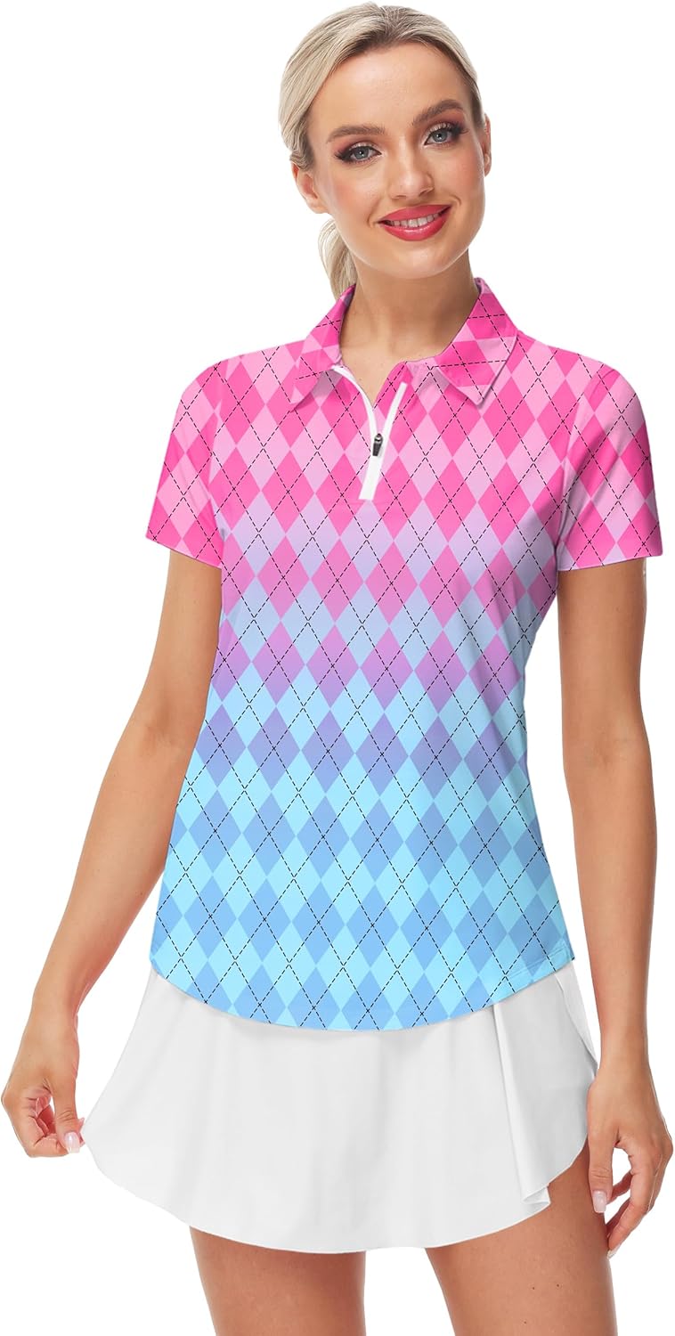AOBUTE Women's Short Sleeve Golf Shirts Gradient 1/4 Zip Tennis Shirt - Image 7