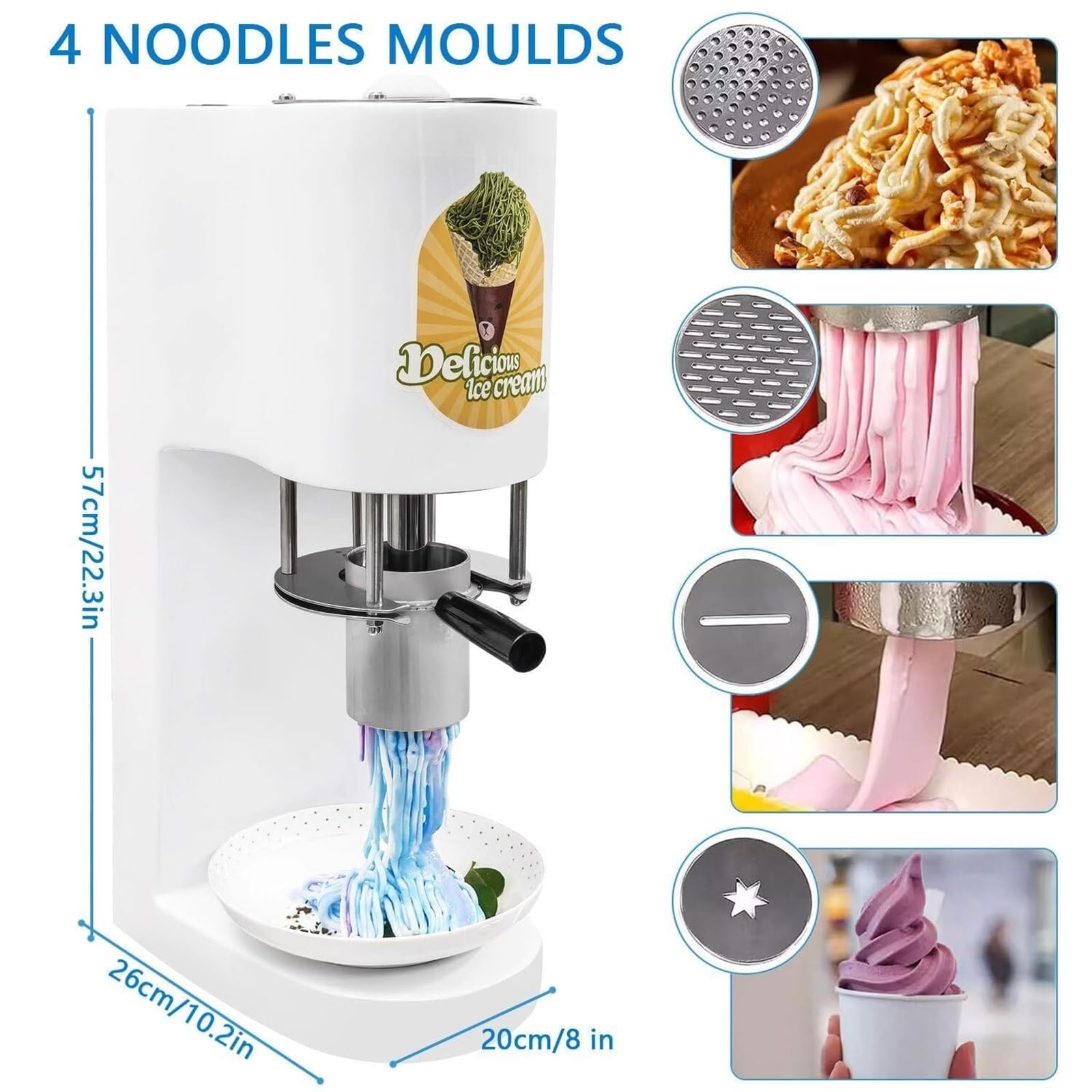 Máquina comercial de fideos para helados con 4 moldes para postres creativos, perfecta para camiones de alimentos y heladerías, fácil de usar y limpiar