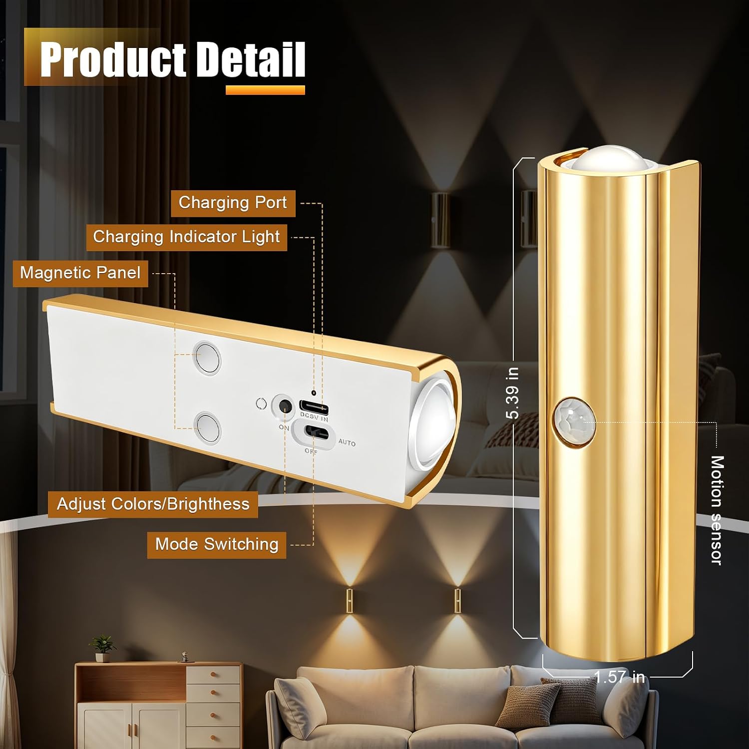 2 Pack Motion Sensor Wall Light, Rechargeable Wall Sconces | Wall Sconces Battery Operated with 3 Colors & Dimmable, Magnetic Wireless Wall Sconces for Stair Bedroom Hallway (Gold)