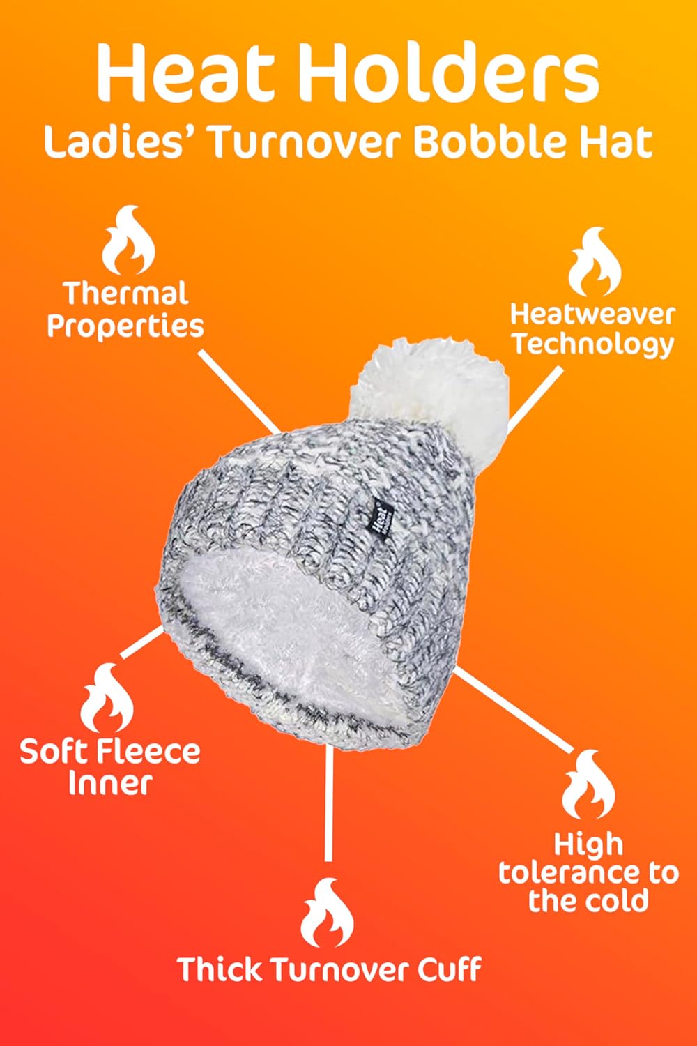 HEAT HOLDERS - Womens Fleece Lined Cuffed Thermal Winter Bobble Hat with Pom Pom