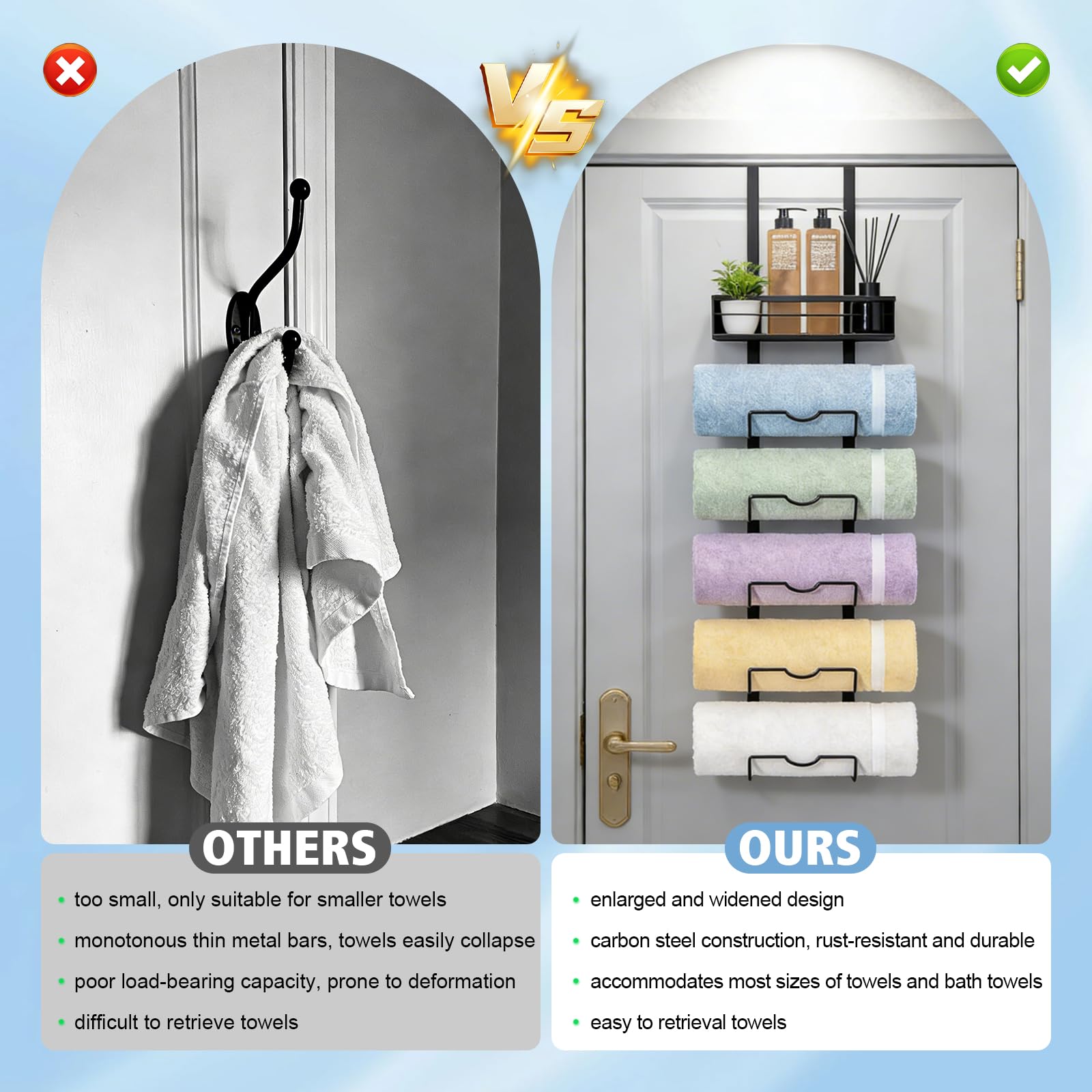 Toallero para colgar sobre la puerta, toallero de baño de 6 niveles con cesta de almacenamiento, organizador de toallas enrollado para el hogar y el hotel