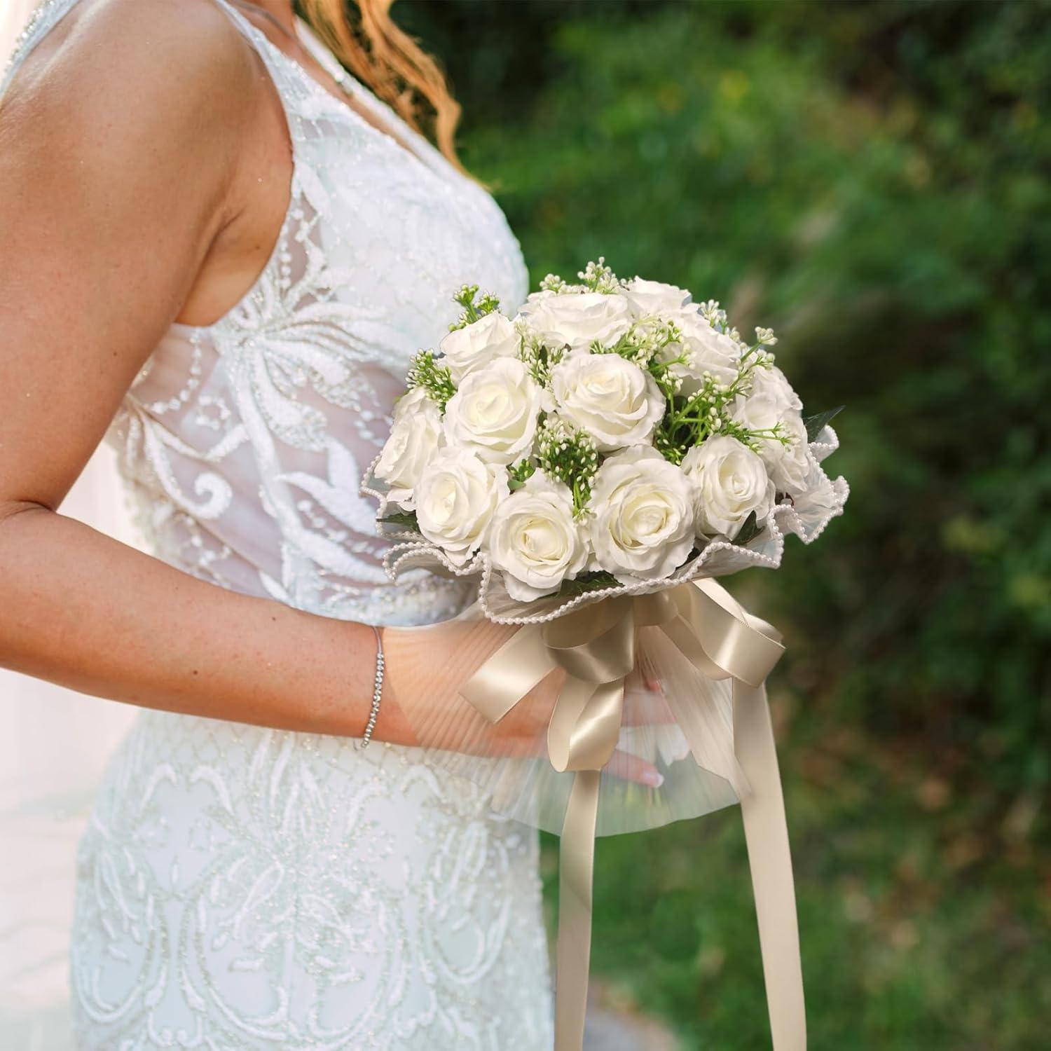 LEIFENY Wedding Bouquets for Bride, Ivory White Bridal Bridesmaid Wedding Flowers, Artificial Toss Rose with Silk Ribbon for Civil Ceremony