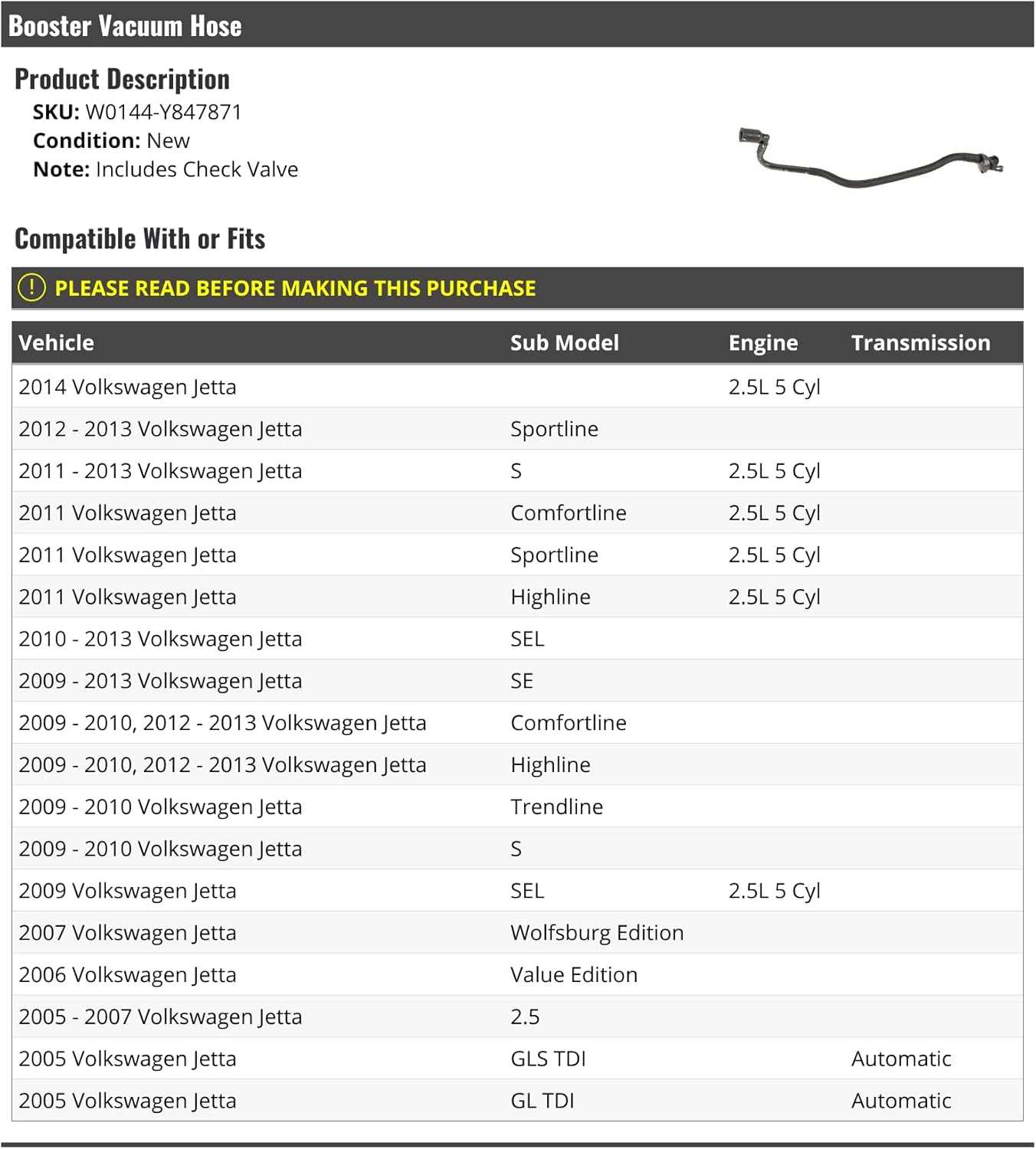 Marketplace Auto Parts Booster Vacuum Hose - Compatible with 2005-2007, 2009-2014 Volkswagen Jetta 2.5L 5-Cylinder