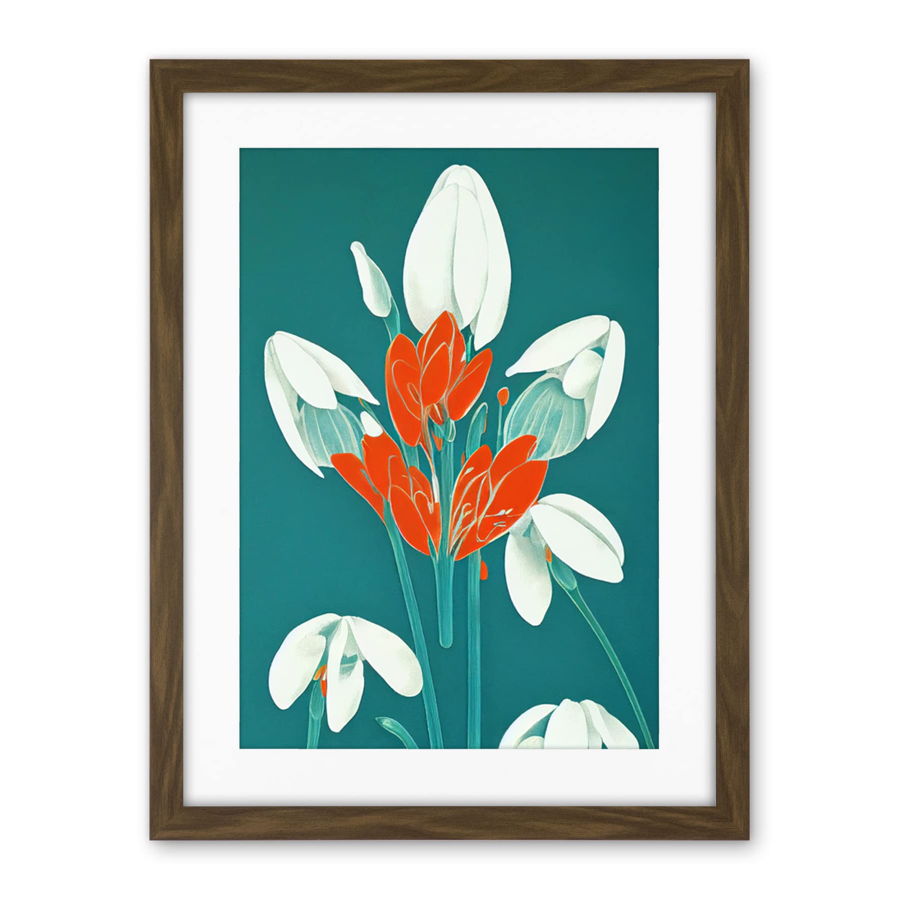 Wee Blue Coo Abstract Snowdrops Red Flowers On Teal Retro Mid Century Style Artwork Framed Wall Art Print 18X24 Inch