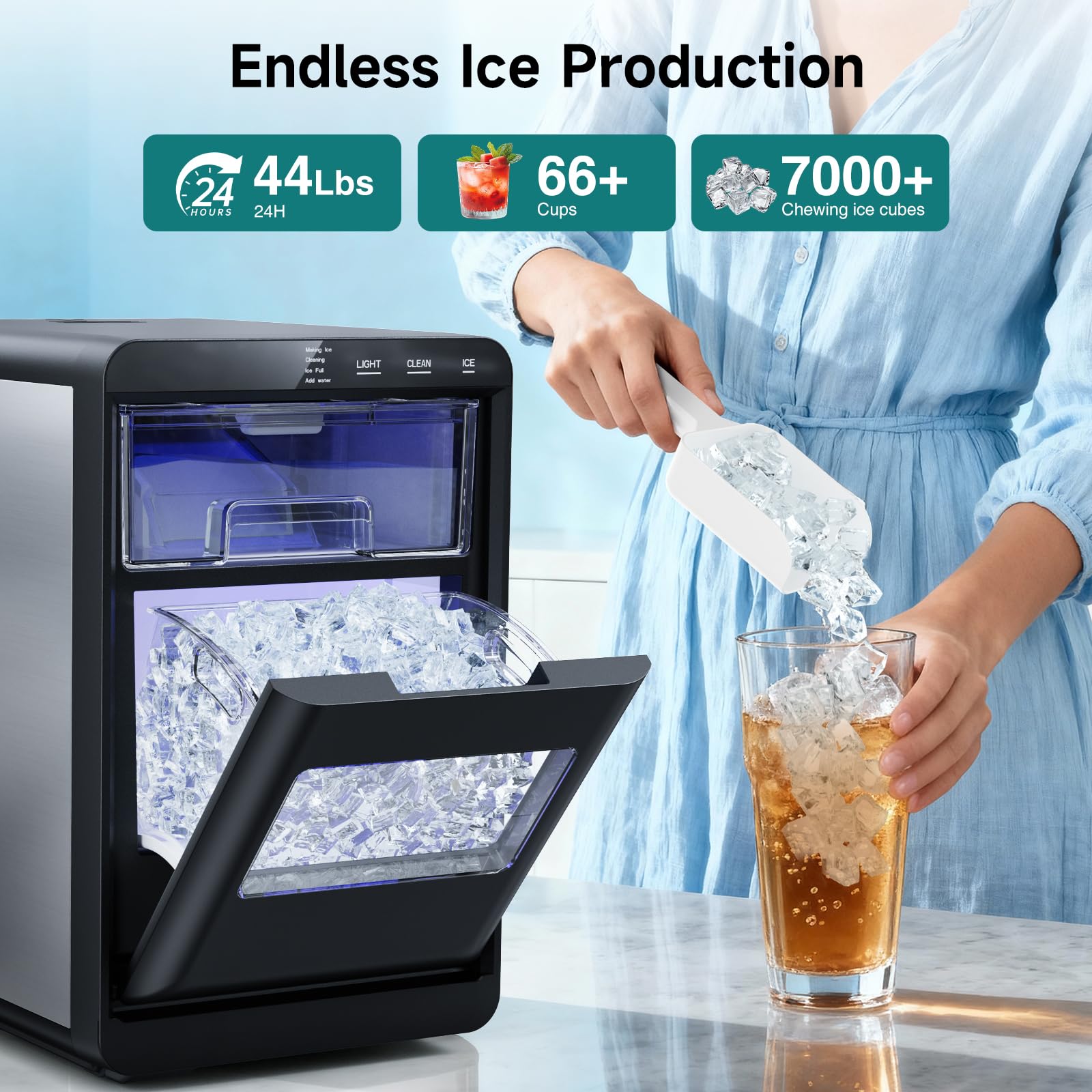 Etl Approval Nugget Ice Maker Countertop, 44lbs/24h Pebble Ice Maker With Water Tank, Soft Chewable Pellet Ice Machine With Self-Cleaning For Kitchens/Home/Office on Fridge.com - View 3