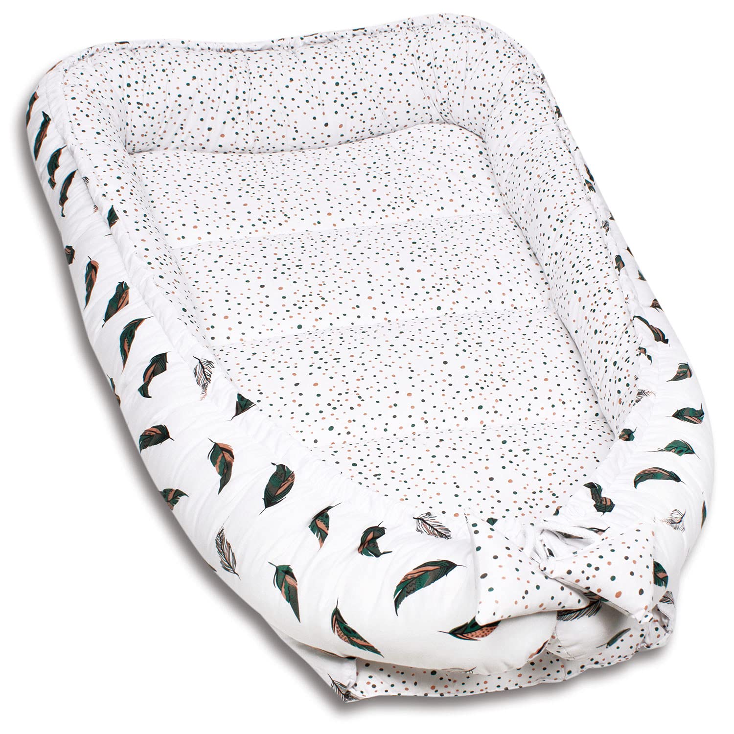 PaLulli 120 x 60 cm nido para bebé, tamaño XXL, capullo para bebé, 2 caras, 100% algodón, almohada, nido de peluche, cuna de viaje para bebés y bebés (plumas)