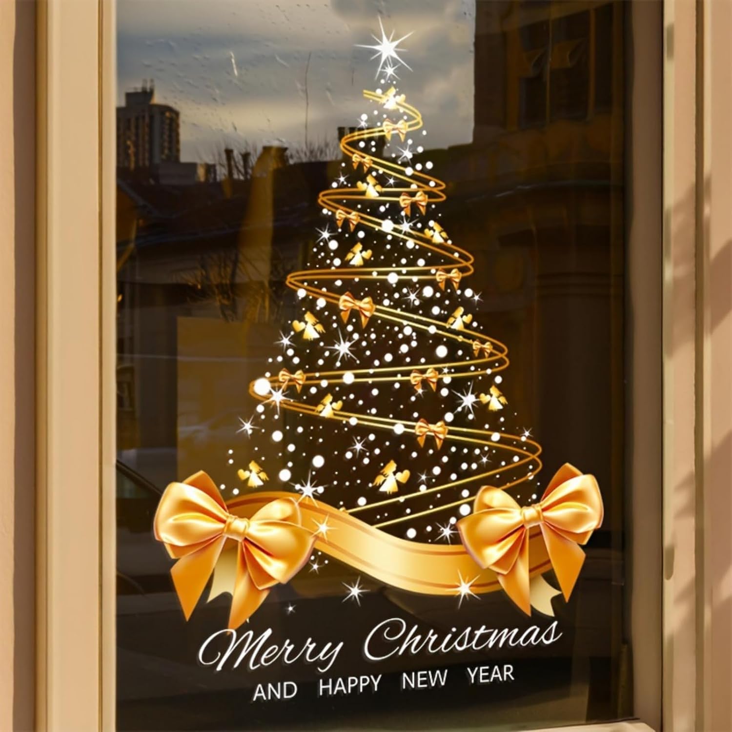 Christmas Window Clings Golden Large Christmas Tree Window Clings Stickers for Glass Door Electrostatic Sticker, Double Sided Winter Xmas Clings Decals for Christmas Party Decoration(25.5in*17.7in)