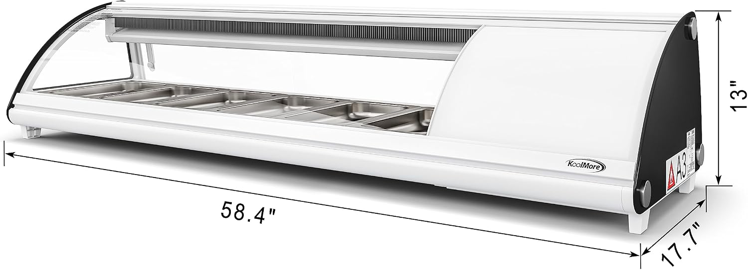 KoolMore 60 in. Glass Sushi Display Case Refrigerator ETL Listed with Stainless Steel Trays, Countertop Storage with Rear Access, Temperature Control, and LED Lighting in White (KM-SR60-WH)