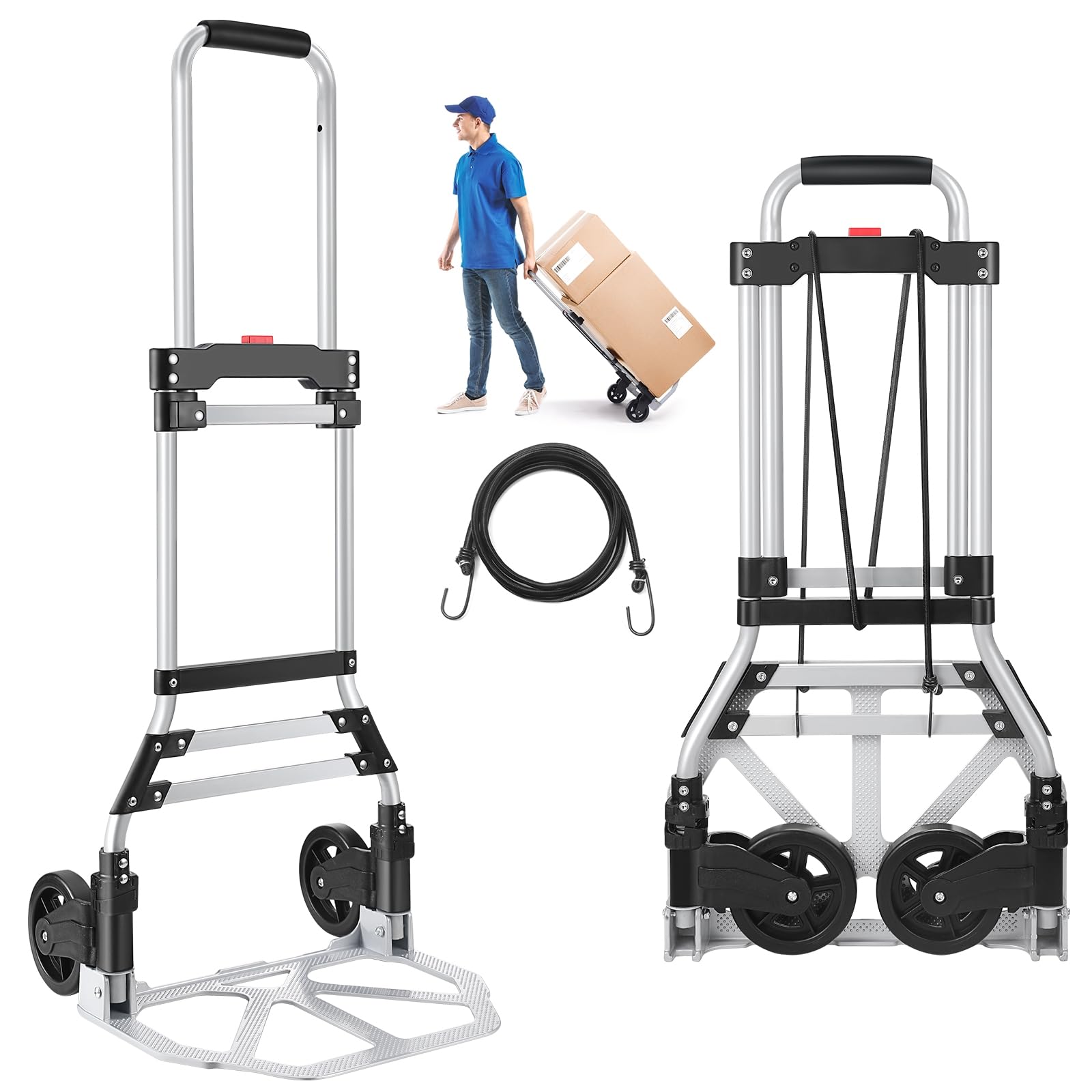 Folding Hand Truck and Dolly, 200 LB Capacity Upgraded Aluminum Dolly Cart, Portable Folding Hand Cart for Travel, Moving, Shopping, Office Use, Black