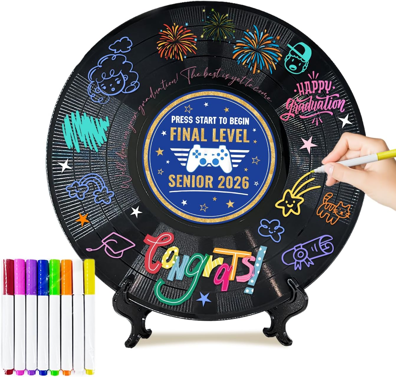 Blue Vinyl Record Graduation Guest Book Decorations 11.6"X11.6",2026 Grad Party Supplies,Grad Signature Book Guest Book Alternative,Class of 2026 Grad Gifts for Kindergarten High School College（Blue