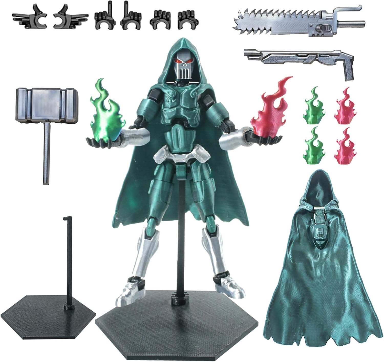 T13 Action Figure Set, 3D Printed Toy T13, Dummy 13 Titan 13,t13 Action Figure Accessories，Death Cape, Skeleton Robot, Cool Robot Stop Motion Animation Figure (Silver-Green)