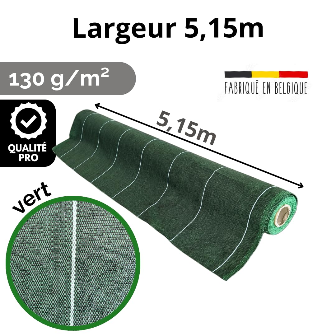Pack Agrafes et Toile de paillage Grande Largeur 5,15m - Anti Mauvaises Herbes Longueur 10m - Lot Bache Vert 130 grammes par m2 - Geotextile - Large 5M ZENLYS