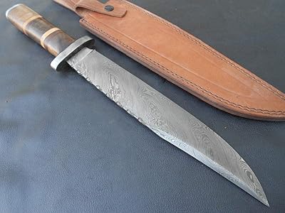 KE-01227-HK Custom and Handmade Damascus Steel Hunting Knife with Leather Sheath