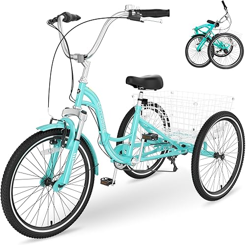 Vista 14 de H&ZT Triciclo para adultos, bicicleta de 3 ruedas, triciclo crucero, con engranaje de 7 velocidades, mango de freno de estacionamiento, escalón