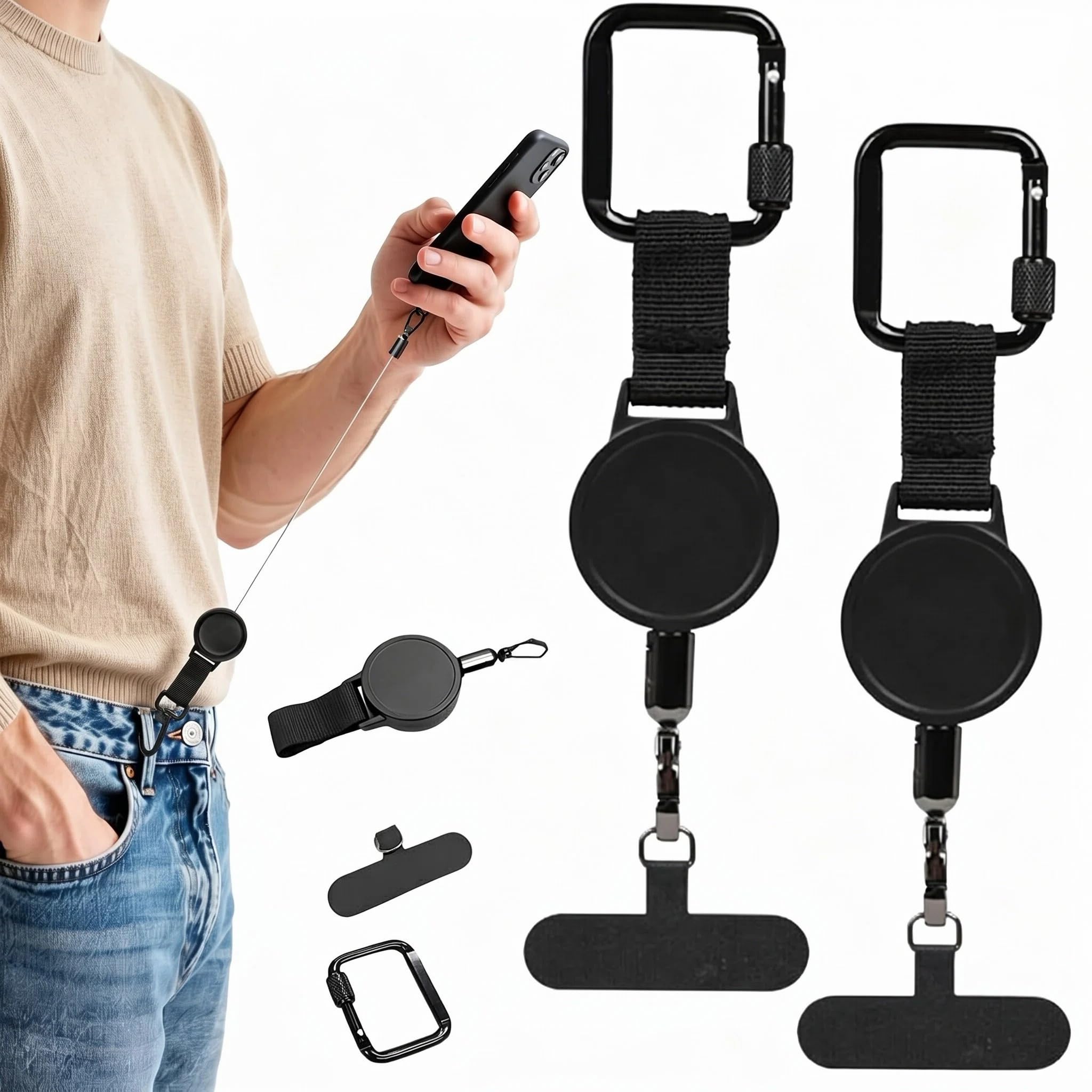 QIANSSE Retractable Phone Lanyard Anti-Theft, 2PCS Steel Cable Phone Strap with Locking Carabiner & 360° Tether Tab, Universal Mobile Phone Lanyard for Skiing Hiking Climbing Fishing