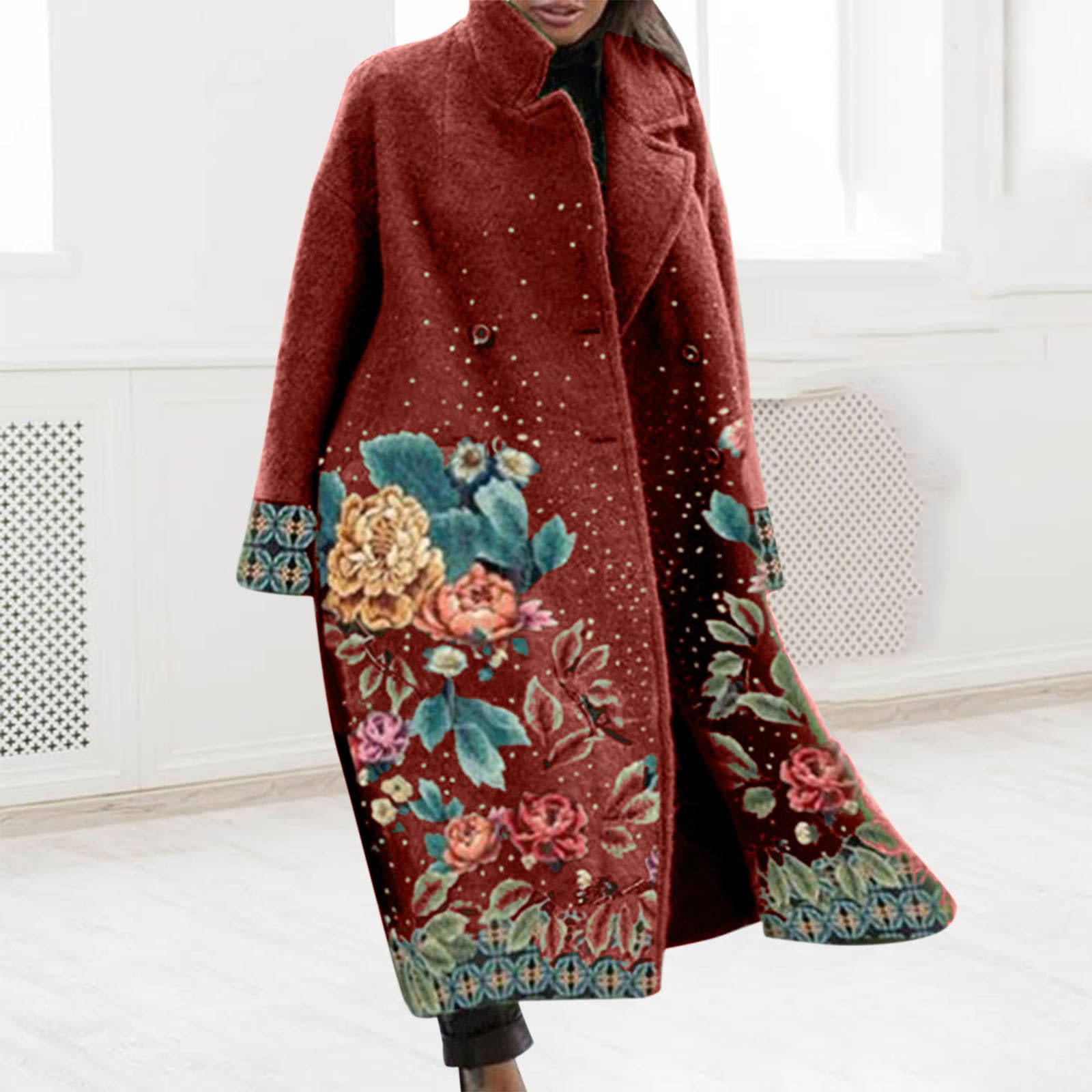 Generisch Chaqueta de invierno para mujer, cálida chaqueta de tweed con estampado floral, cuello alto, abrigo de invierno, ropa de exterior, gabardina resistente al viento, chaqueta vintage con