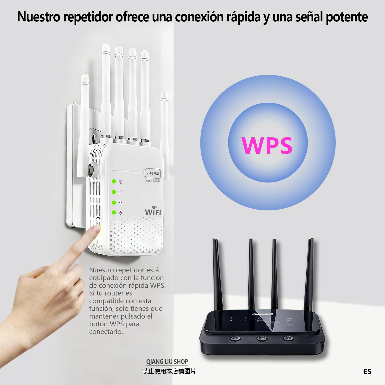 Repetidor WiFi Mejorado AC1200M (5+2,4 GHz) de Doble Banda, 6 Antenas y 2 Puertos Gigabit; Compatible con los Modos Ap y repetidor; Compatible con WPS; Enchufe de la UE; para el hogar y la Oficina