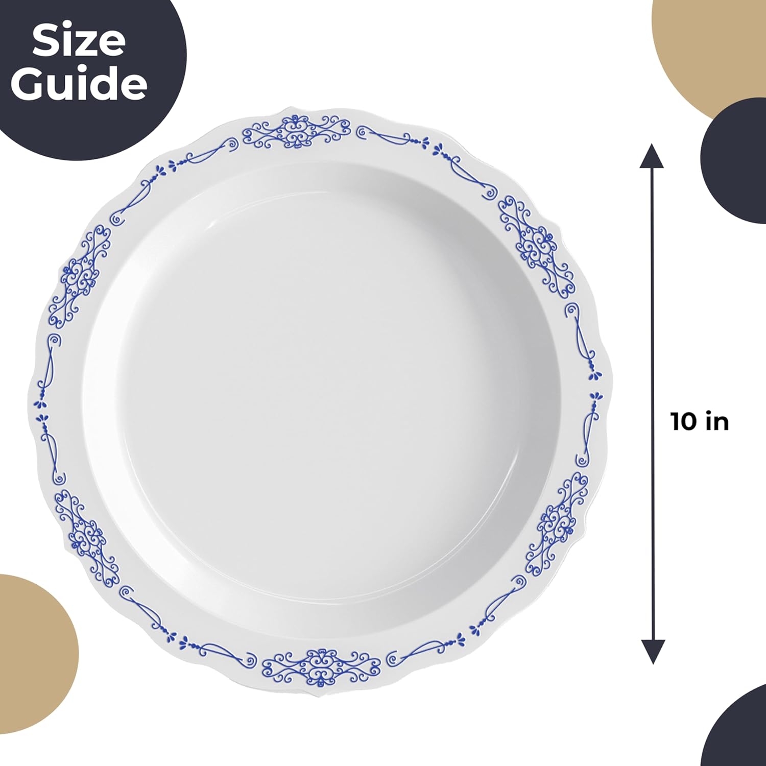 Exquisite Victorian 60-Piece Disposable Party Plates - 60 x 10 inch Dessert Plates, Heavy Duty White & Navy