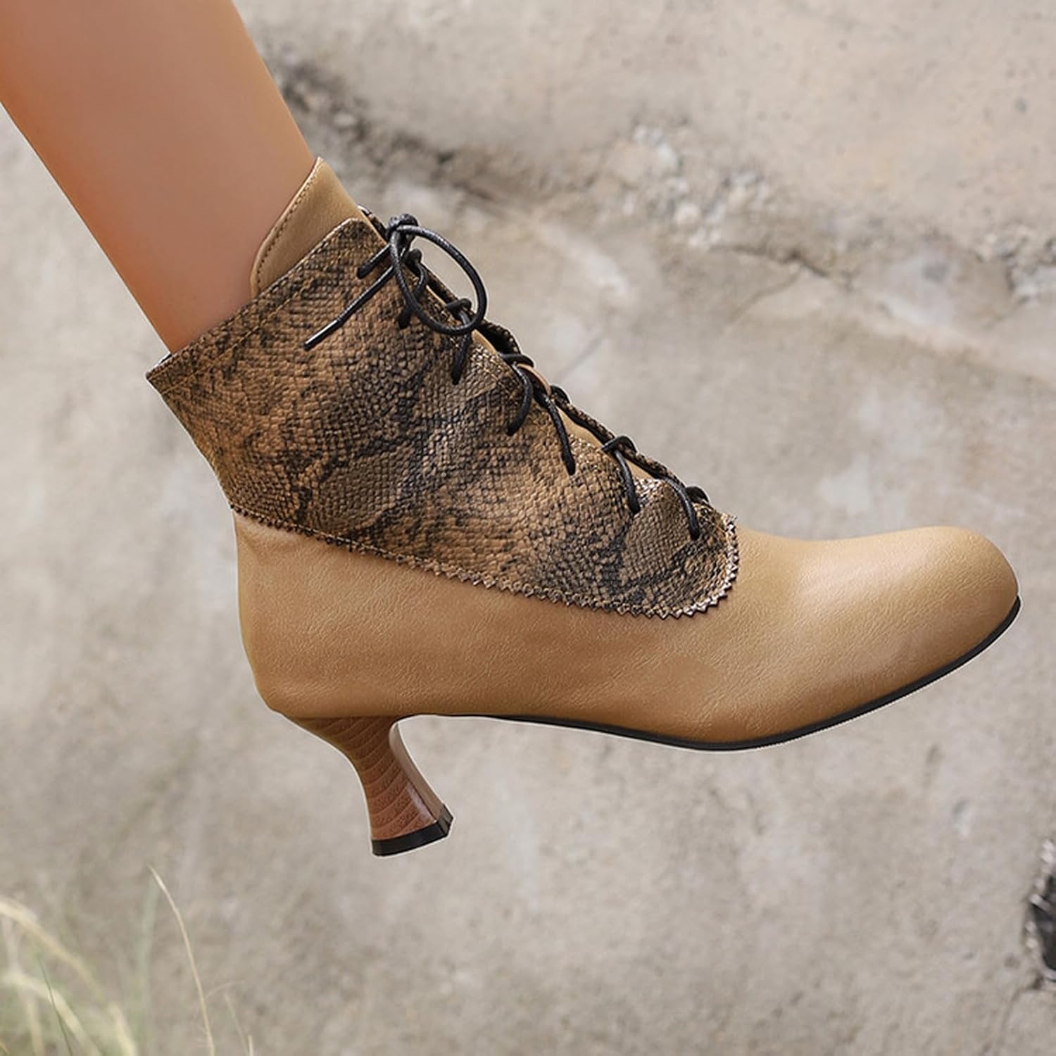 Alyaafifa Lace Up Booties for Women 2 Inch Kitten Low Heel Comfy Pointed Closed Toe Vintage Gothic Victorian Ankle Boots Two-Toned Matte Leather Short Boots Working Party