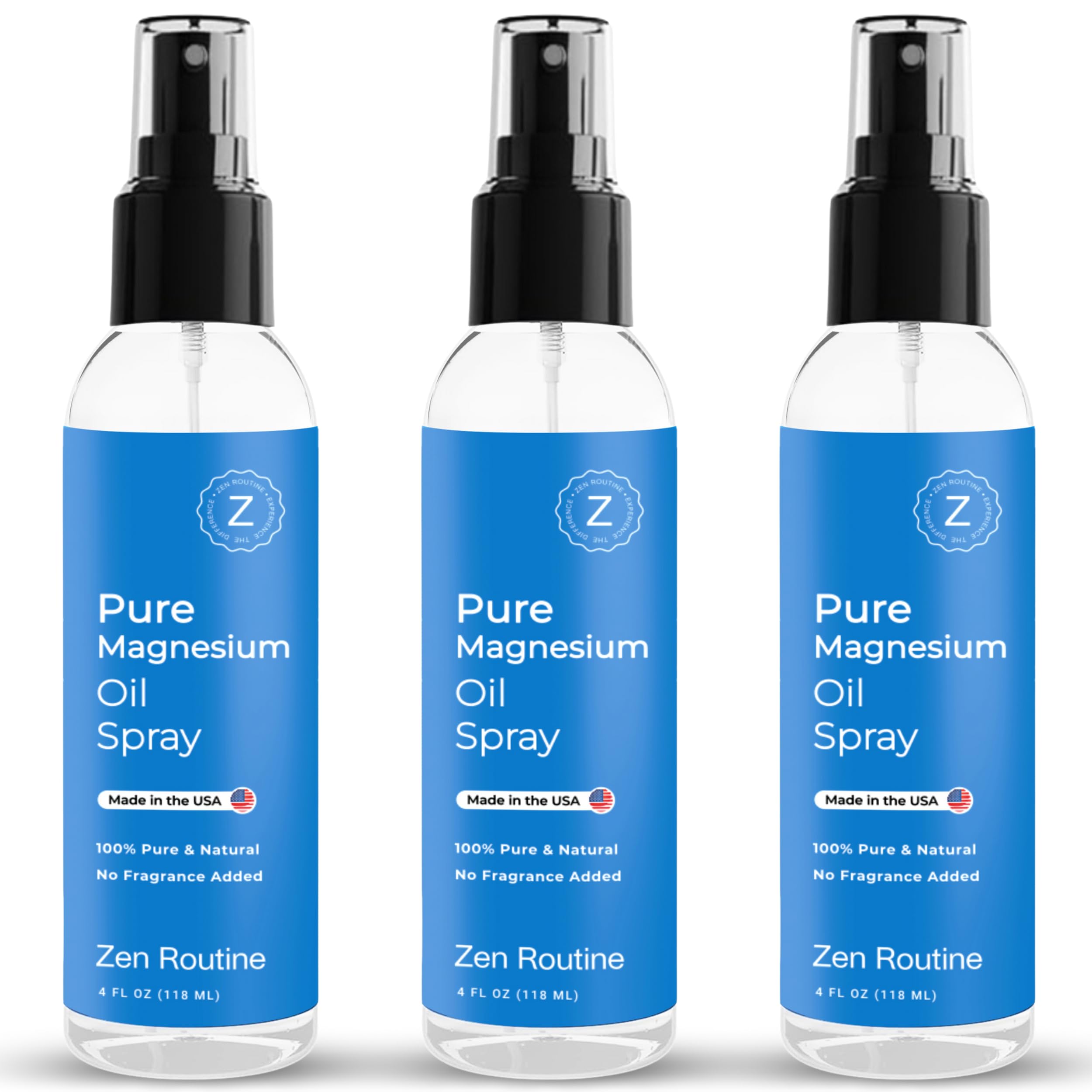Pure Magnesium Oil Spray 4oz (3-Pack) USP Grade Magnesium Oil for Feet Body Muscles & Leg Cramps | Topical Magnesium Glycinate | Aceite de Magnesio | Organic Magnesium Chloride | Made in The USA