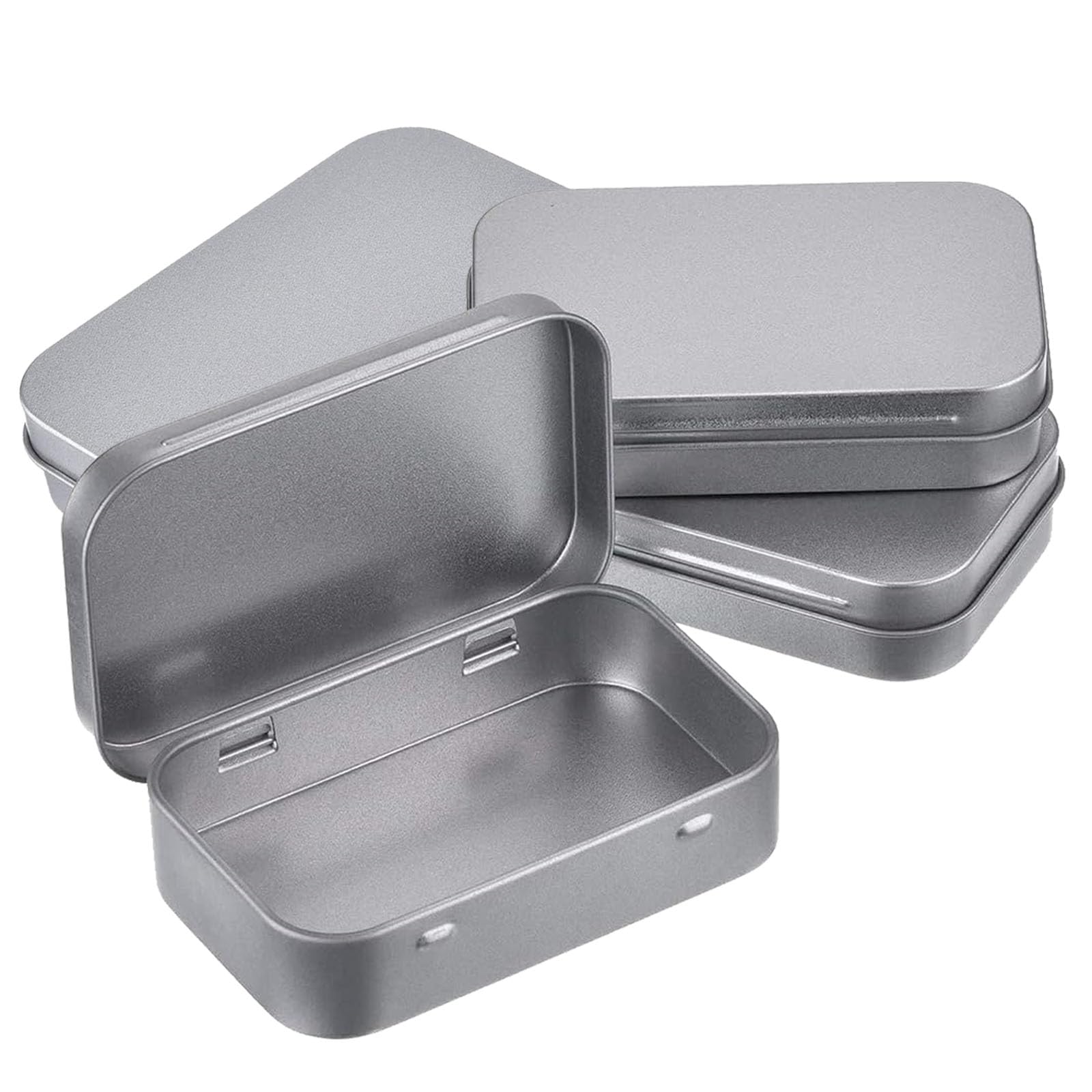 JCUQGDOO 4-Piece Small Metal Tin with Lids – Rectangular Hinged Storage Tins in Silver, Perfect for Candies, Keys, Earrings, Jewelry – Compact Durable Tins for Organizing Small Items