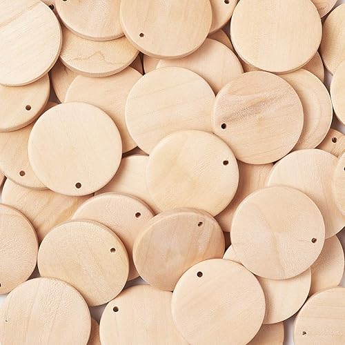 Miniatura 2 de KISSITTY 50 unidades de discos de madera redondos naturales sin terminar con agujeros de 1.36 pulgadas (1.358 in), círculos de monedas de madera,