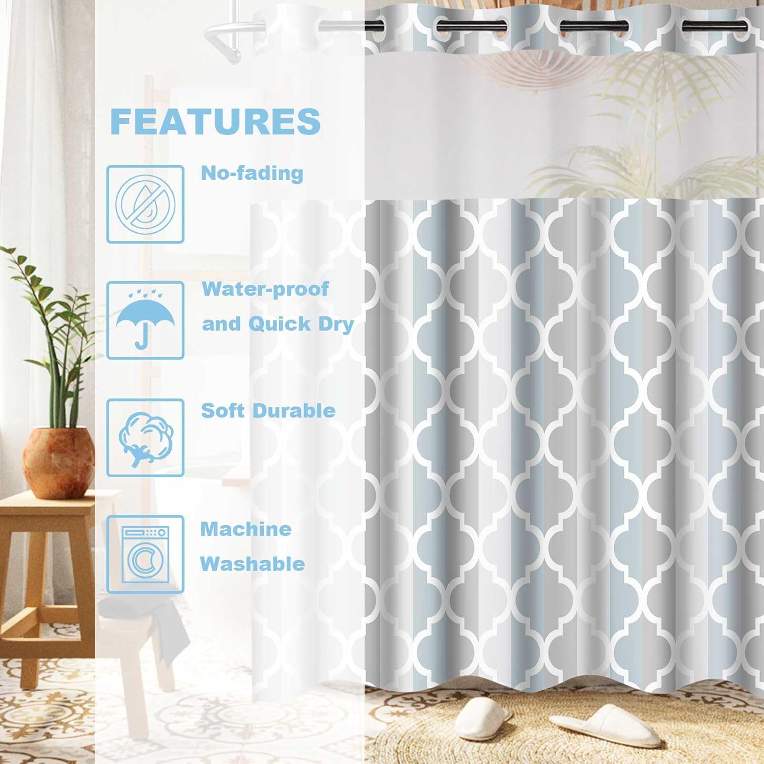 No Hook Shower Curtain with Snap in Liner Set, Geometric Shower Curtains, Modern Bathroom Decoration Design - Hotel Style with See Through Mesh Top Window, Machine Washable, 54x80 in
