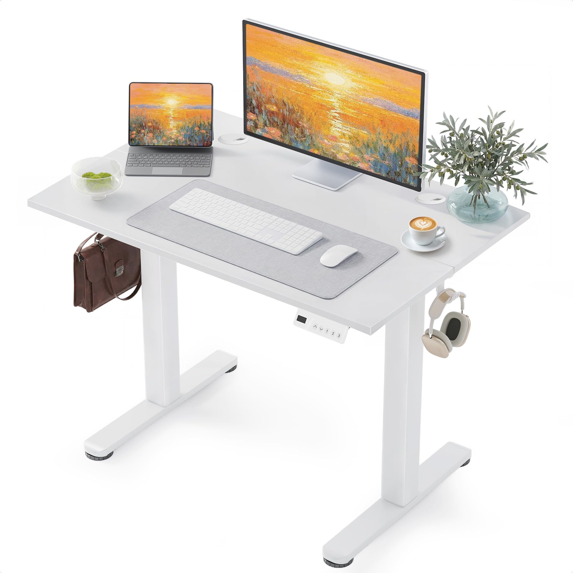 YDN Electric Standing Desk Adjustable Height, 40 x 24 Inches Stand up Desk with Cable Management, Home Office Desks with Splice Board & White Frame, White Top