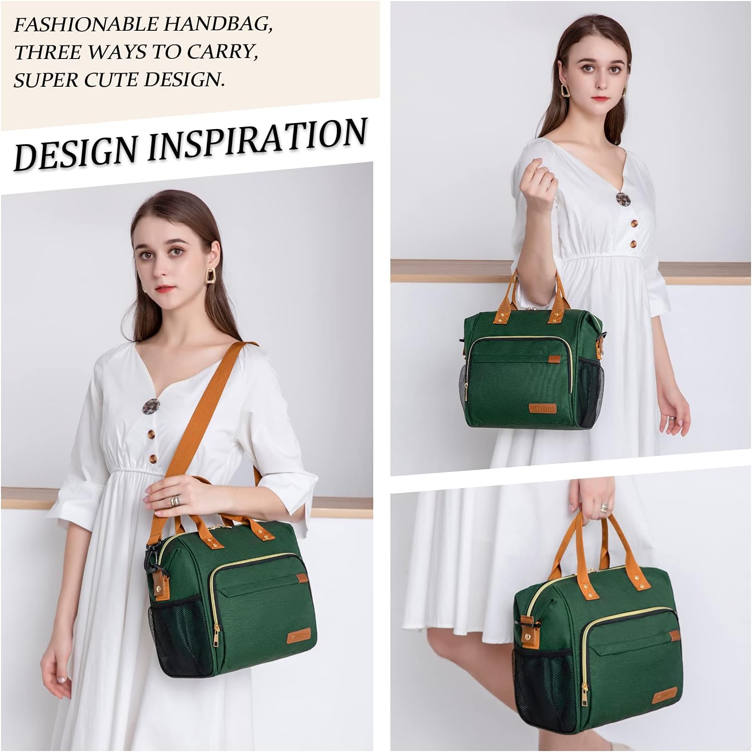 Insulated Lunch Bag - Large Portable Cooler Lunch Box for Office Work School Picnic Beach Workout - Reusable Freezable Tote Lunch Bag Organizer with Adjustable Shoulder Strap for Women Men Adult,Green