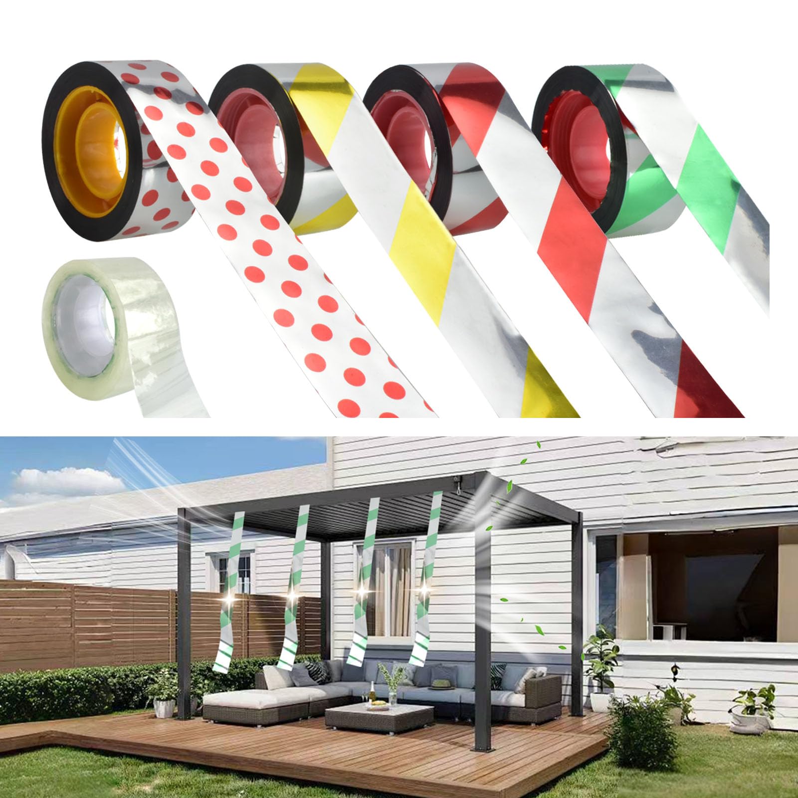 Bird Scare Tape Reflective 4 Roll 164 ft Dual-Sided, 1 Roll 82 ft Transparent, Bird Repellent for Garden, Patio, Orchard, ...